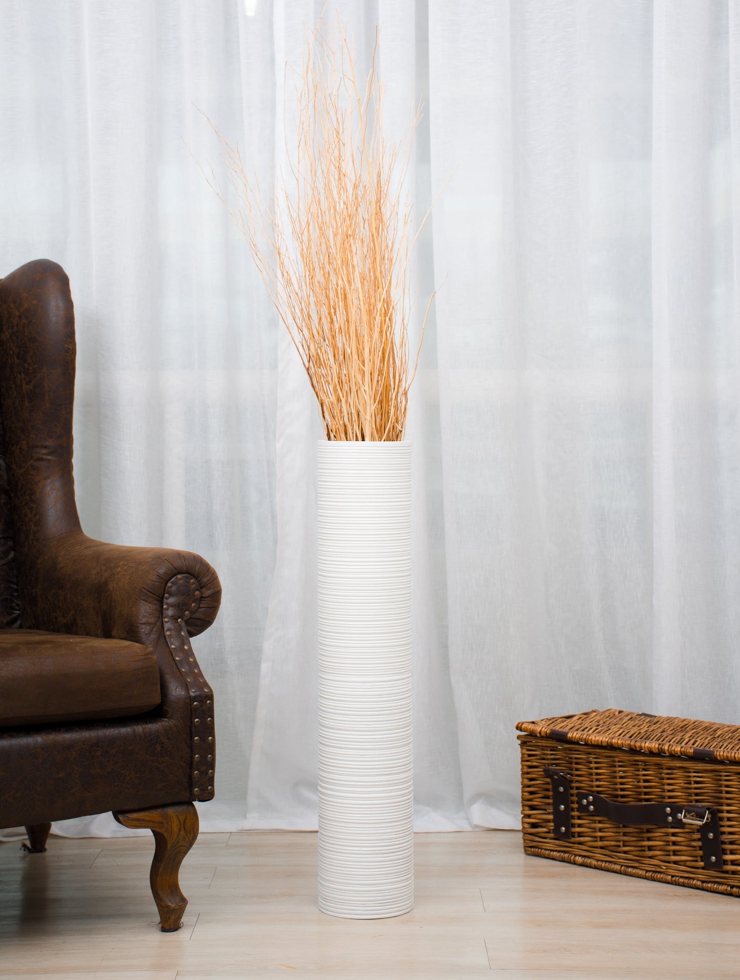 Large Mango Wood Floor Vase – Handcrafted Decorative Highlight from Thailand, white, 26 inches