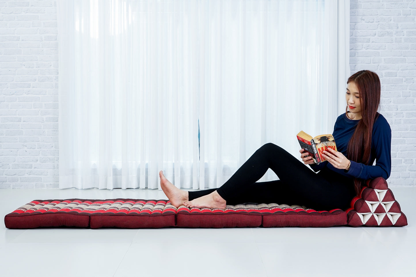Extra Long Thai Folding Mat with Triangle Cushion – Handmade Kapok Relax Mat with Extended Surface, Sf24 - Red, Brown, 4 seating segments