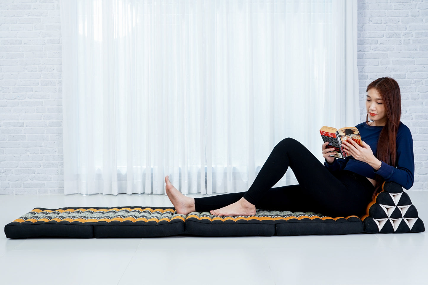 Extra Long Thai Folding Mat with Triangle Cushion – Handmade Kapok Relax Mat with Extended Surface, Sf03 - Black, Orange, 4 seating segments