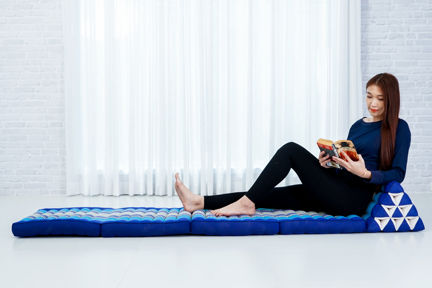 Extra Long Thai Folding Mat with Triangle Cushion – Handmade Kapok Relax Mat with Extended Surface, Sf28 - Blue, 4 seating segments