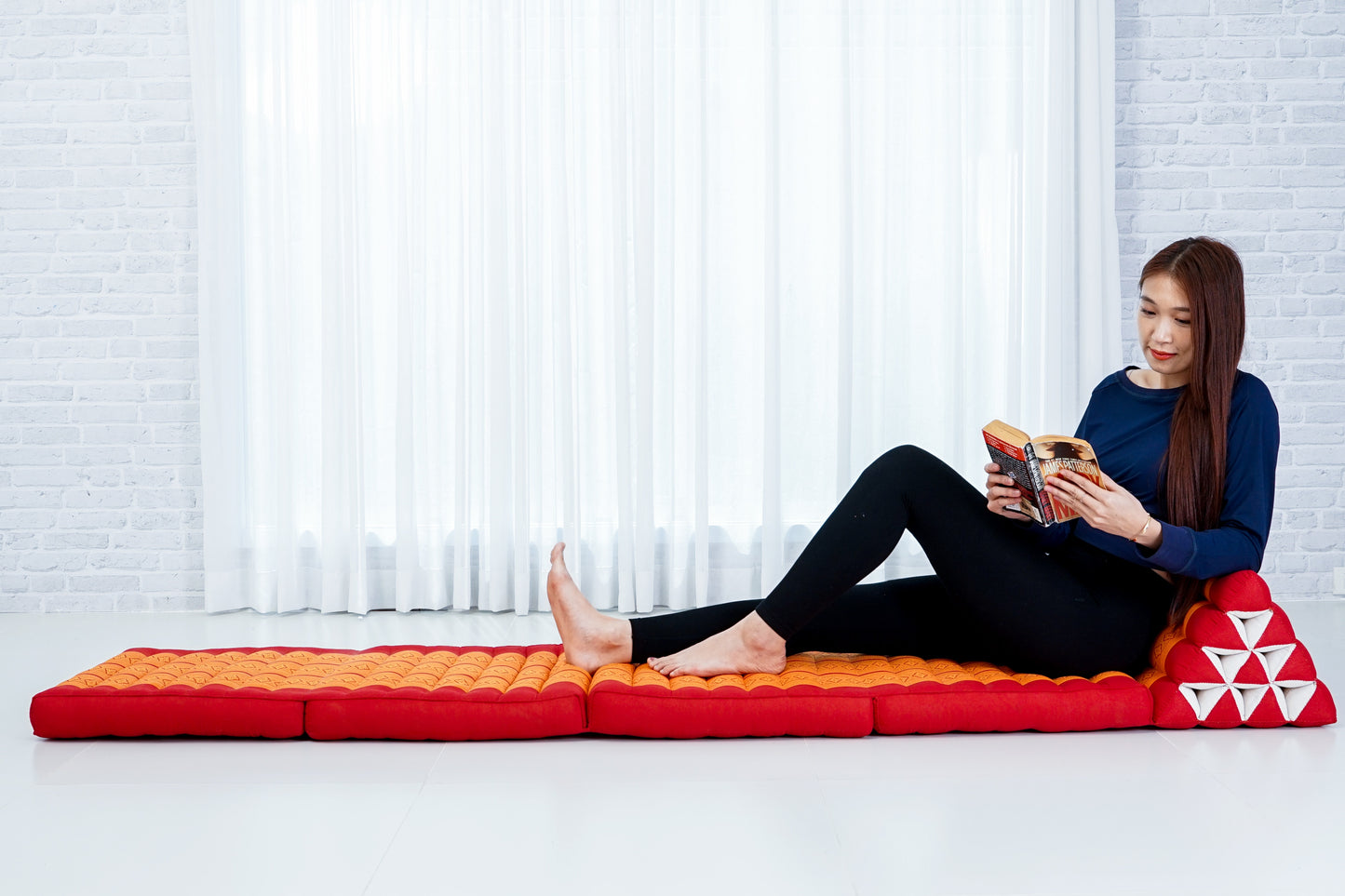 Extra Long Thai Folding Mat with Triangle Cushion – Handmade Kapok Relax Mat with Extended Surface, Sf02 - Orange, 4 seating segments