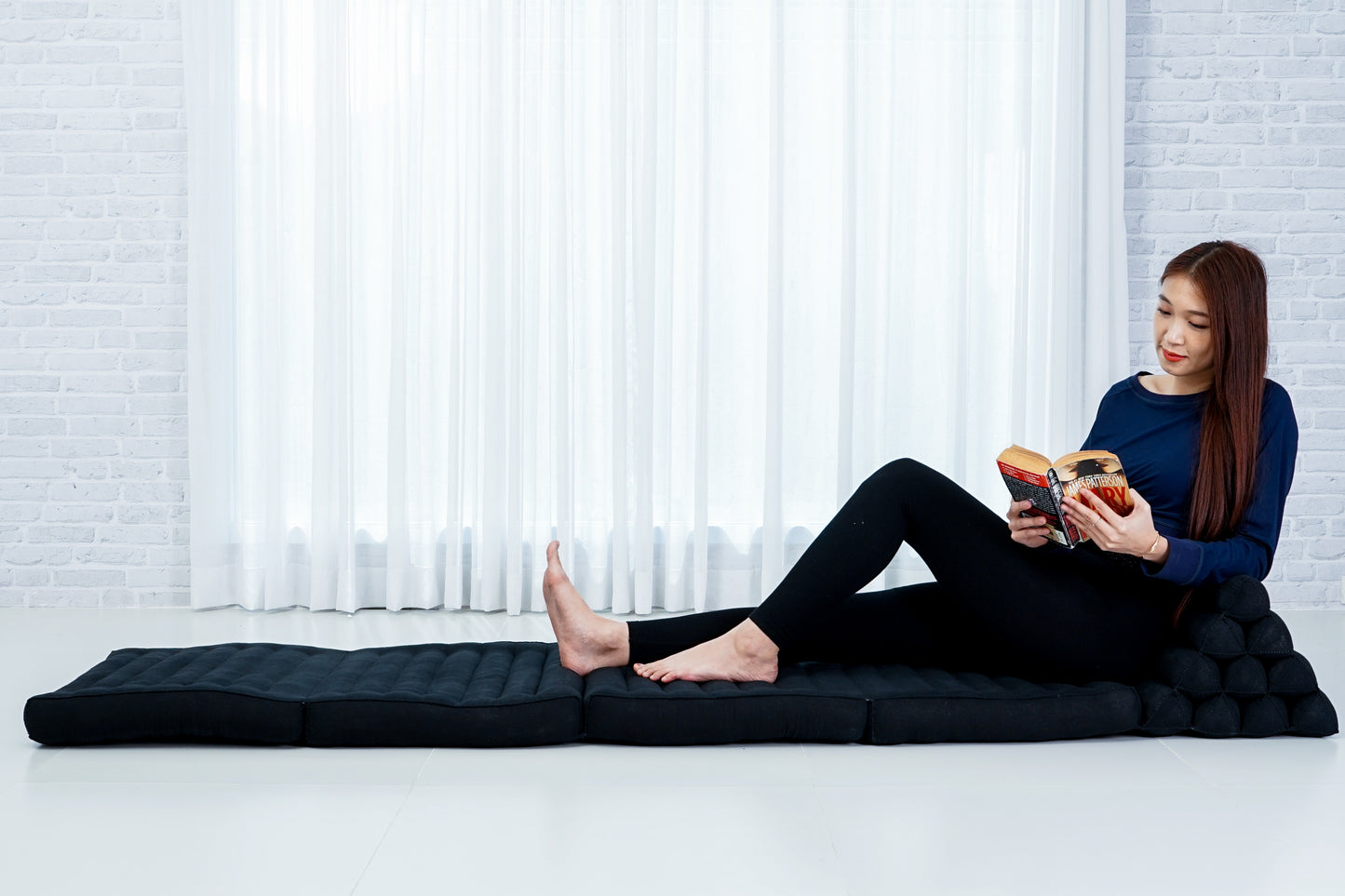 Extra Long Thai Folding Mat with Triangle Cushion – Handmade Kapok Relax Mat with Extended Surface, Cl02 - Black, 4 seating segments