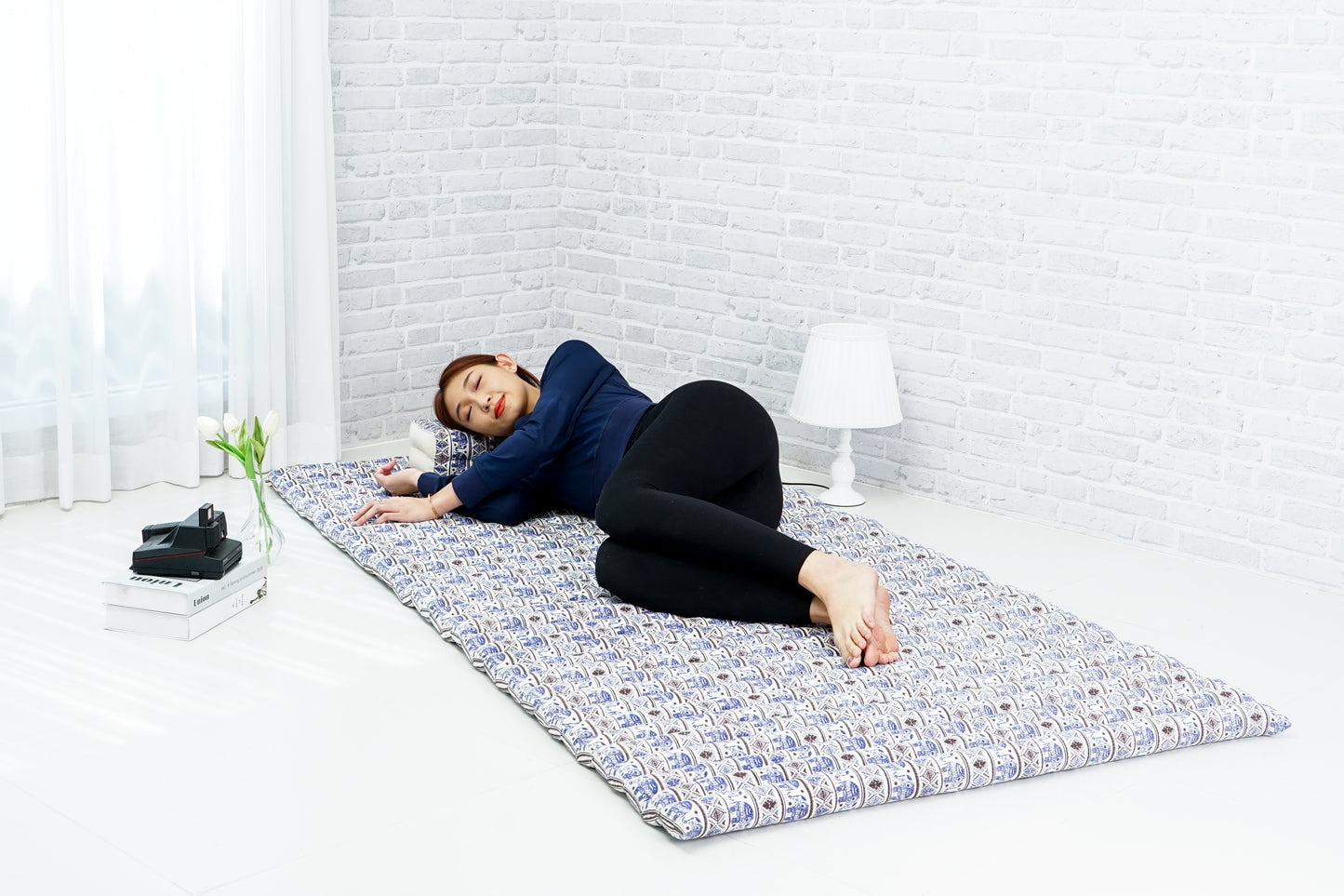 Kapok Roll-Up Mattress – Foldable Sleeping & Relax Mat with Cotton Cover for Home & Outdoor Use, El1 - Blue, L: 75x39
