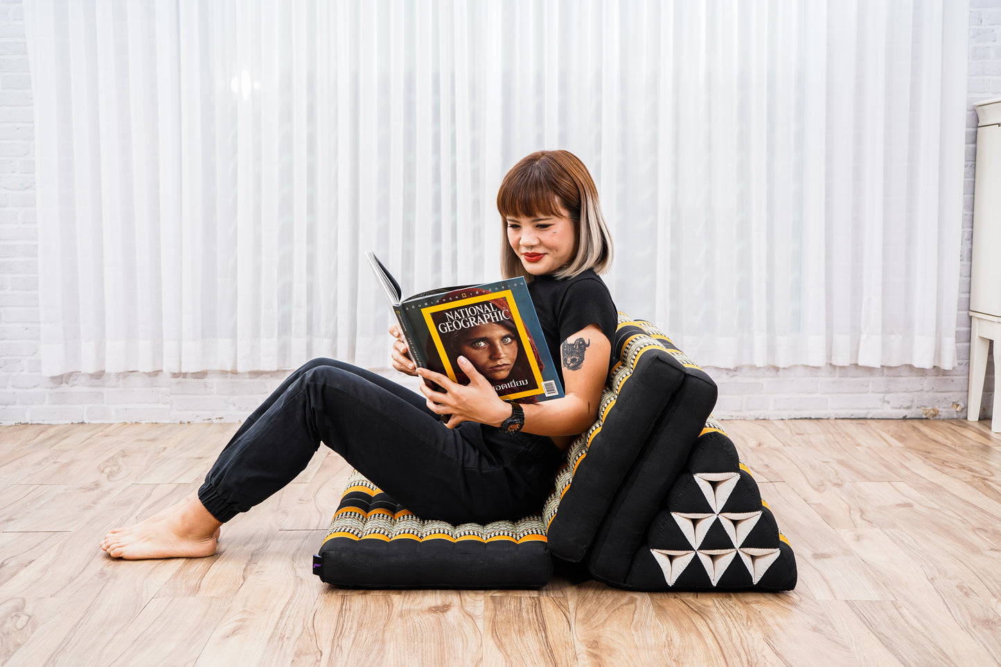 Extra Long Thai Folding Mat with Triangle Cushion – Handmade Kapok Relax Mat with Extended Surface, Sf03 - Black, Orange, 3 seating segments XL