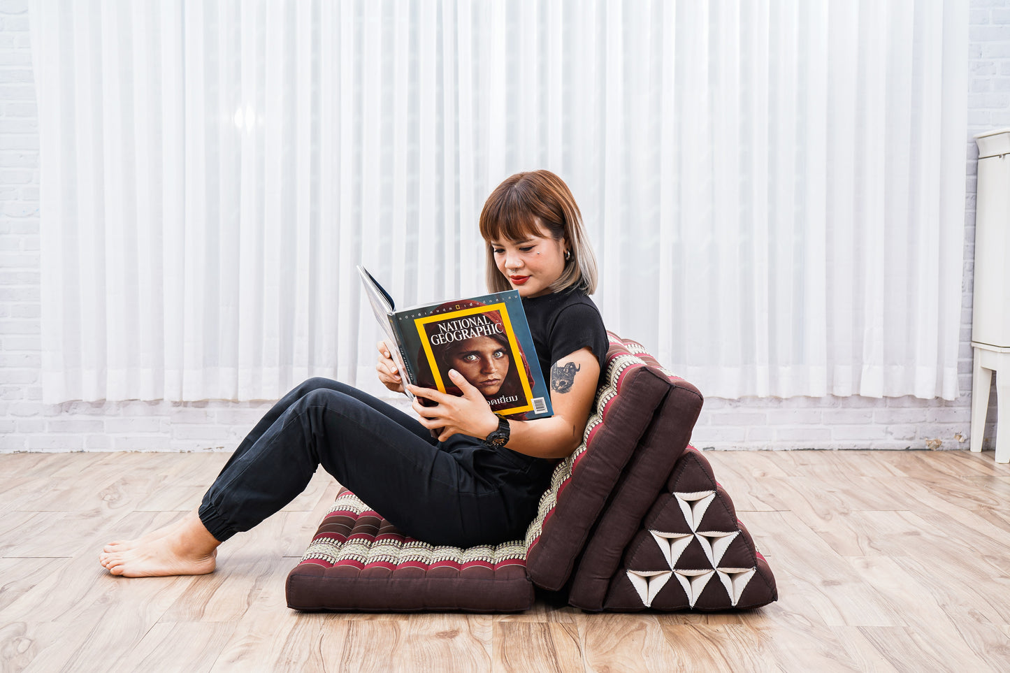 Extra Long Thai Folding Mat with Triangle Cushion – Handmade Kapok Relax Mat with Extended Surface, Sf19 - Red, Brown, 3 seating segments XL