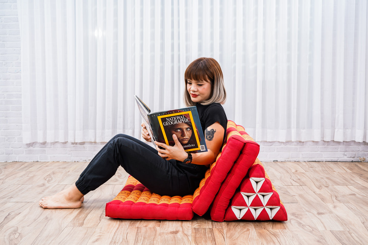 Extra Long Thai Folding Mat with Triangle Cushion – Handmade Kapok Relax Mat with Extended Surface, Sf02 - Orange, 3 seating segments XL