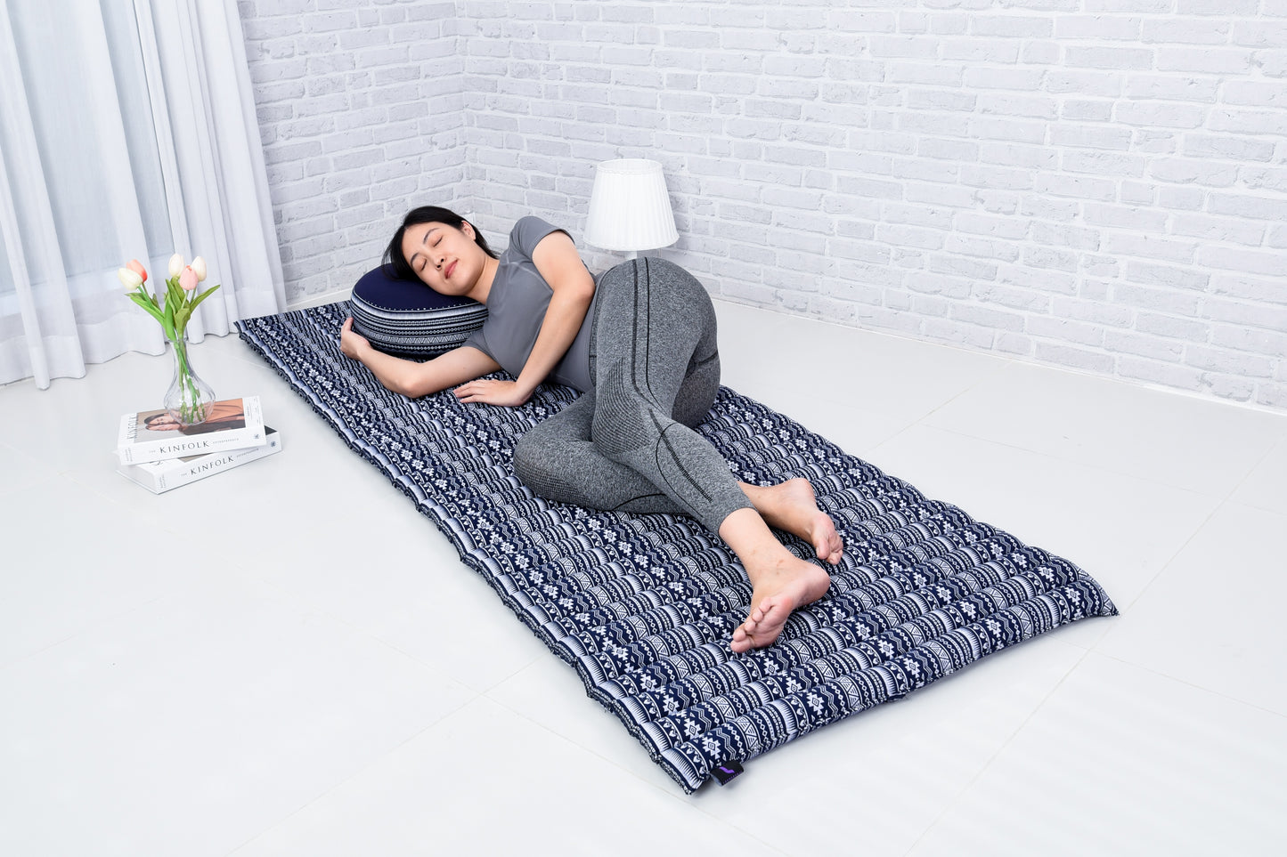 Kapok Roll-Up Mattress – Foldable Sleeping & Relax Mat with Cotton Cover for Home & Outdoor Use, Cbt2 - Dark Blue, M: 75x28