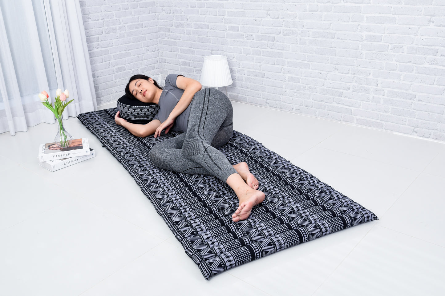 Kapok Roll-Up Mattress – Foldable Sleeping & Relax Mat with Cotton Cover for Home & Outdoor Use, Cbt3 - Black, M: 75x28
