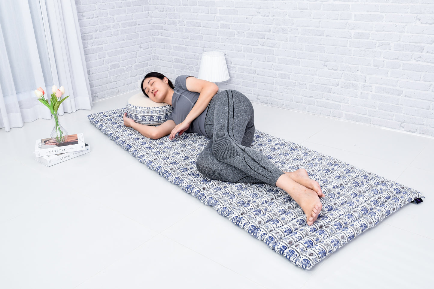 Kapok Roll-Up Mattress – Foldable Sleeping & Relax Mat with Cotton Cover for Home & Outdoor Use, El1 - Blue, M: 75x28