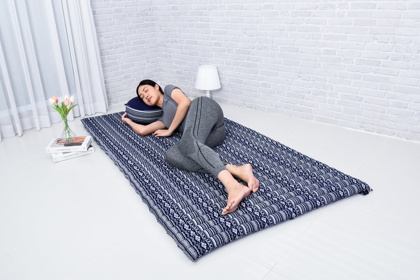 Kapok Roll-Up Mattress – Foldable Sleeping & Relax Mat with Cotton Cover for Home & Outdoor Use, Cbt2 - Dark Blue, L: 75x39