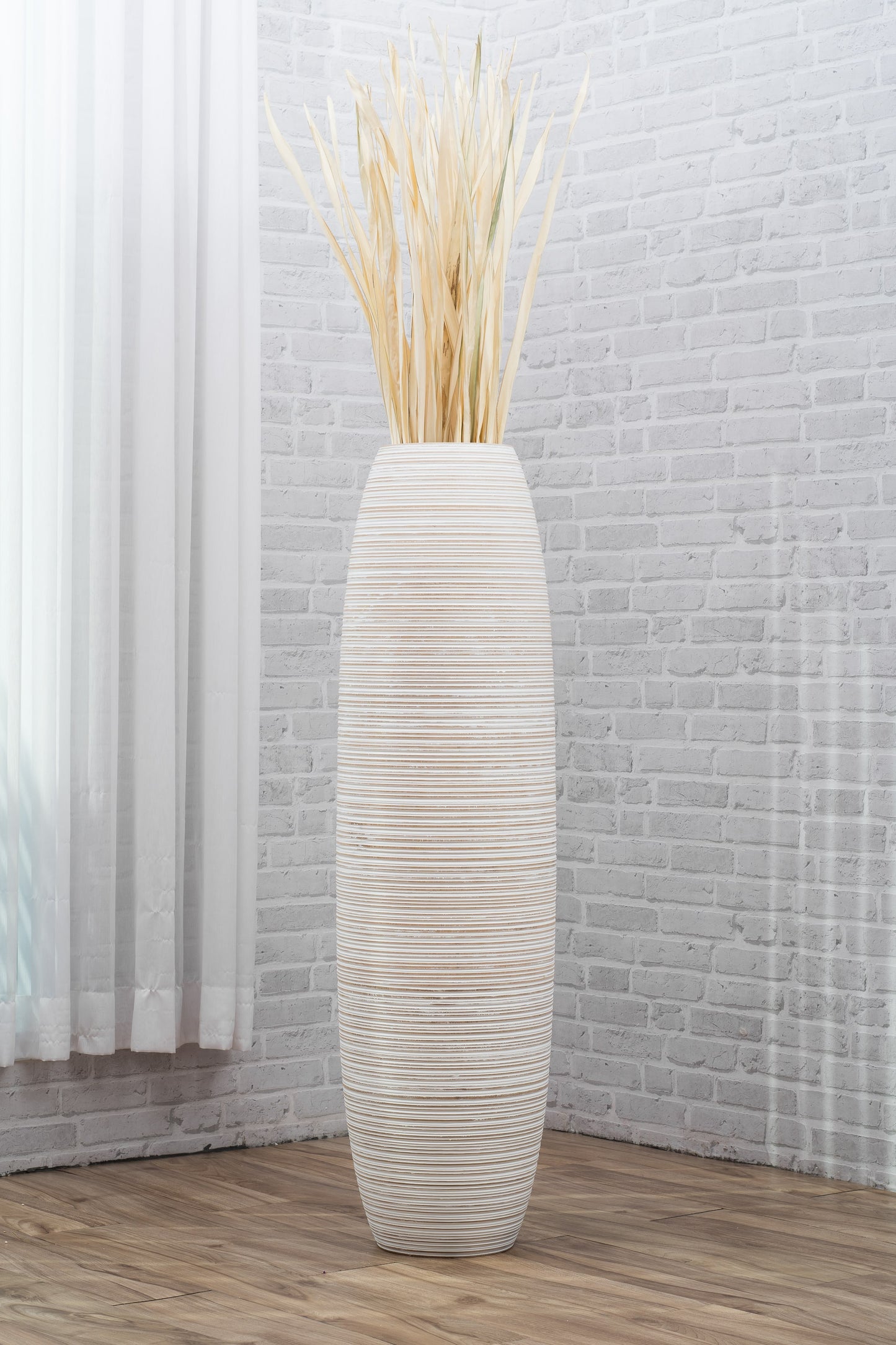 Large Mango Wood Floor Vase – Handcrafted Decorative Highlight from Thailand, white wash, 41 inches