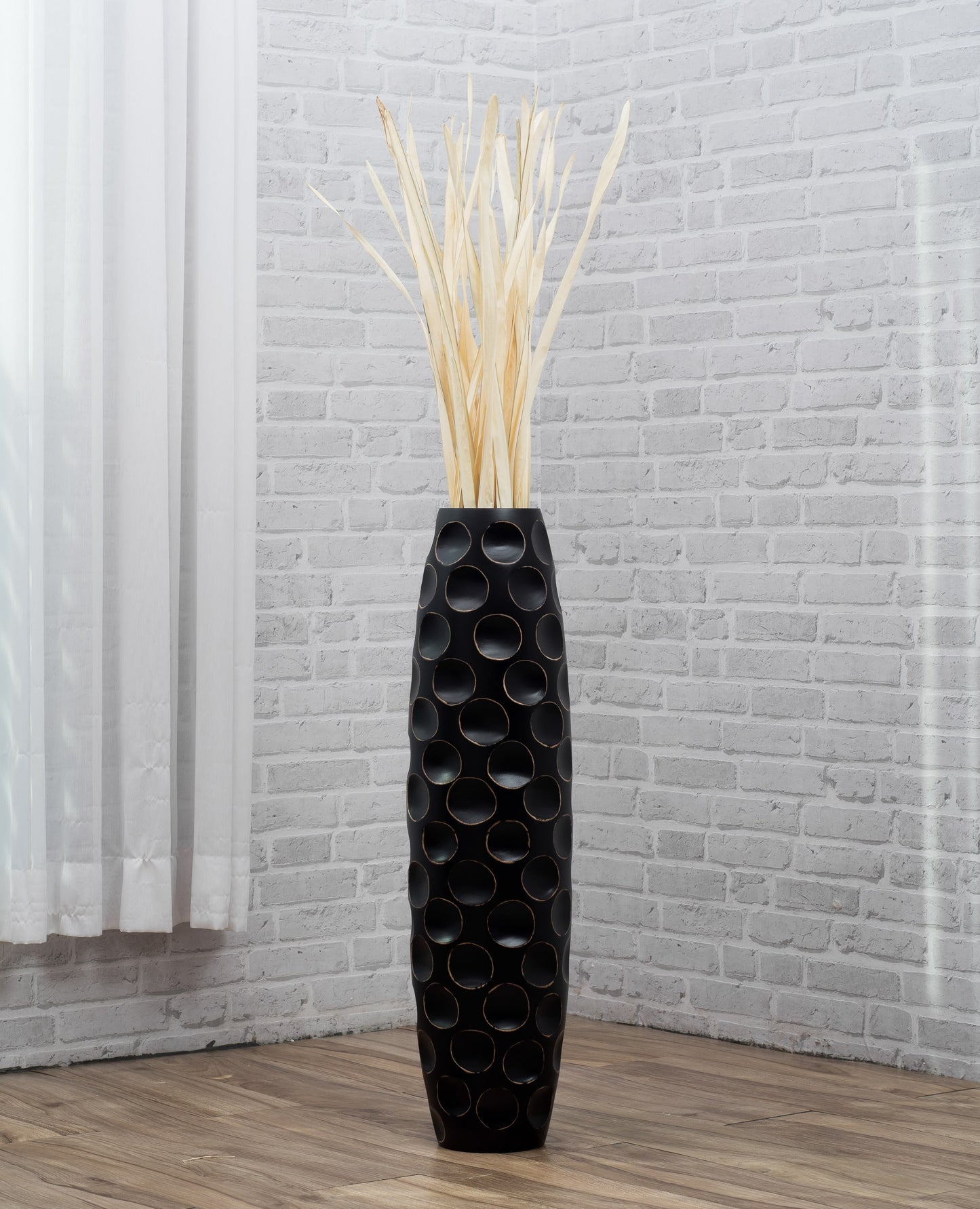 Large Mango Wood Floor Vase – Handcrafted Decorative Highlight from Thailand, black, 26 inches
