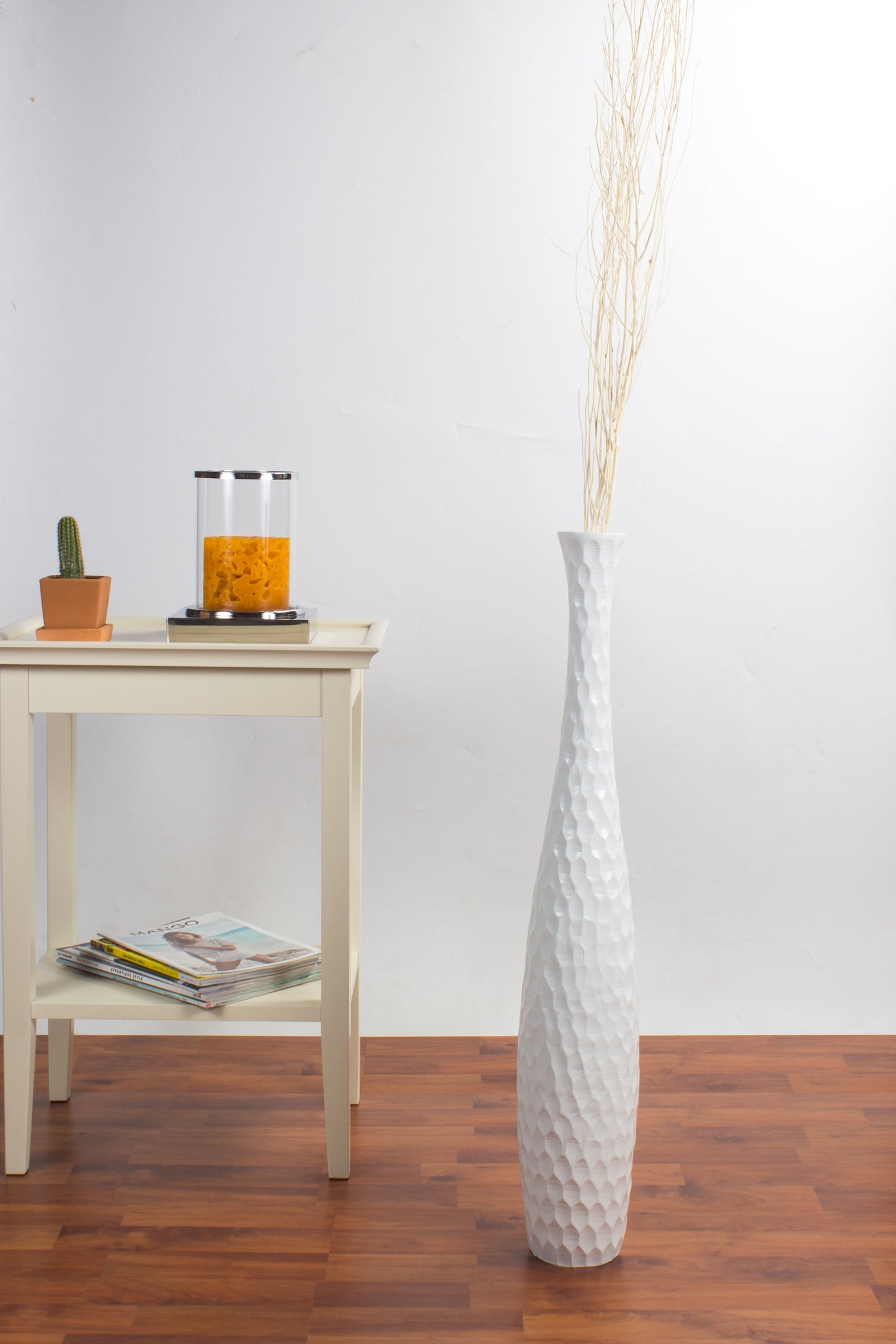 Large Mango Wood Floor Vase – Handcrafted Decorative Highlight from Thailand, white, 26 inches