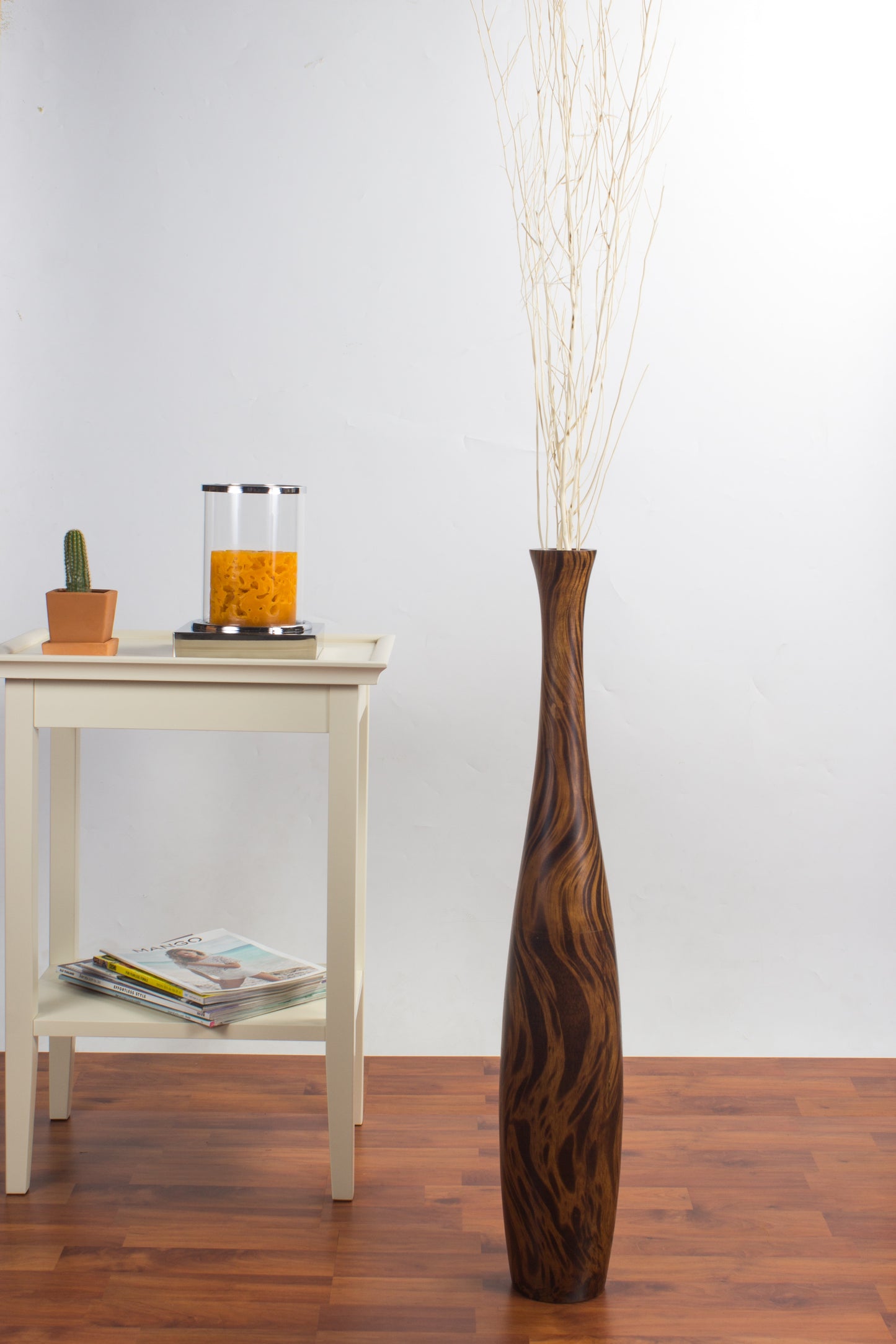 Large Mango Wood Floor Vase – Handcrafted Decorative Highlight from Thailand, brown, light brown, 26 inches