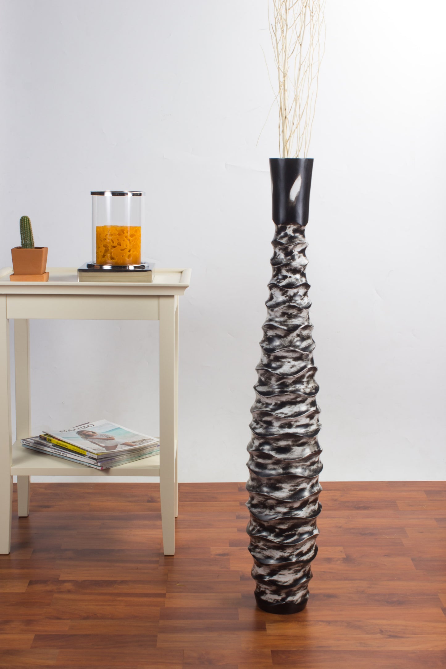 Large Mango Wood Floor Vase – Handcrafted Decorative Highlight from Thailand, black, white, 34 inches