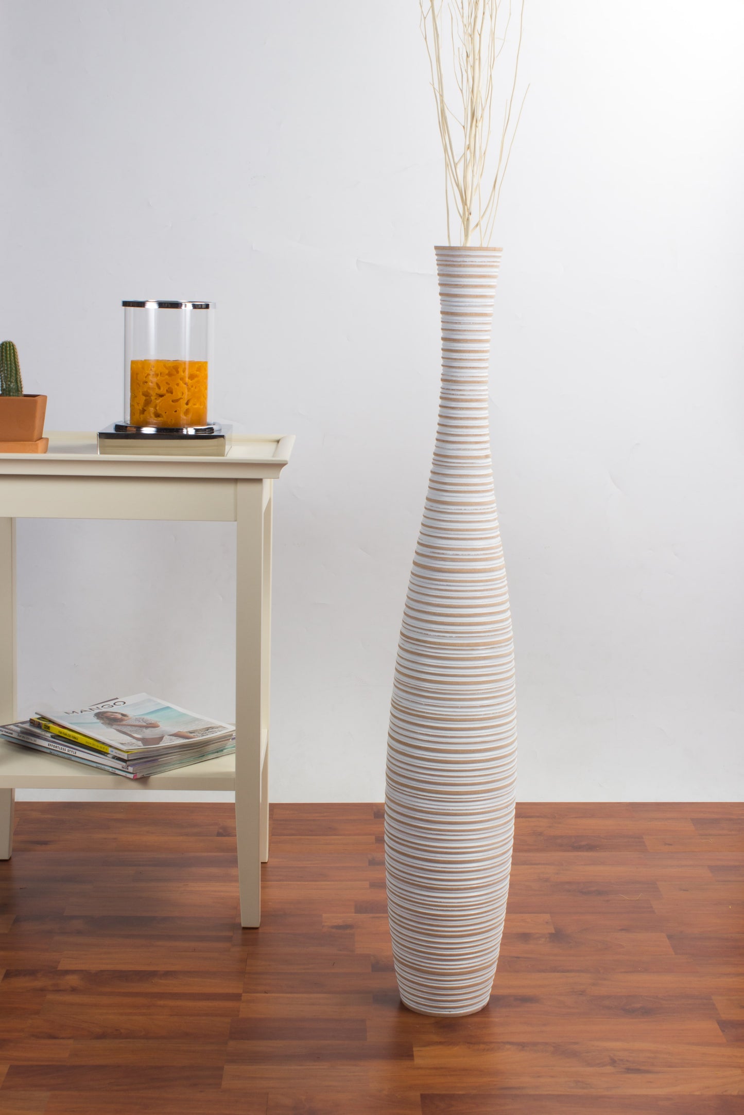 Large Mango Wood Floor Vase – Handcrafted Decorative Highlight from Thailand, white wash, 34 inches