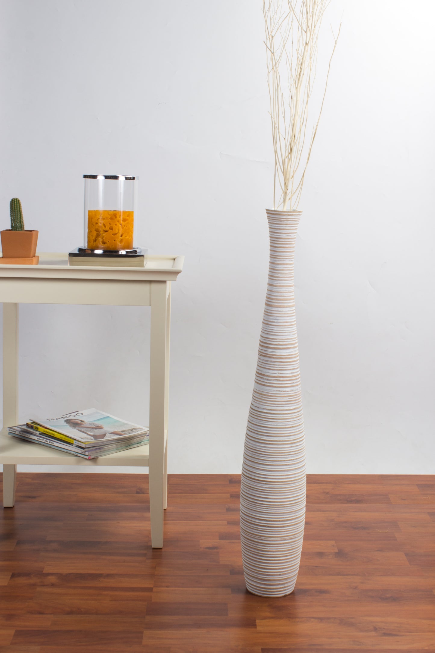 Large Mango Wood Floor Vase – Handcrafted Decorative Highlight from Thailand, white wash, 26 inches
