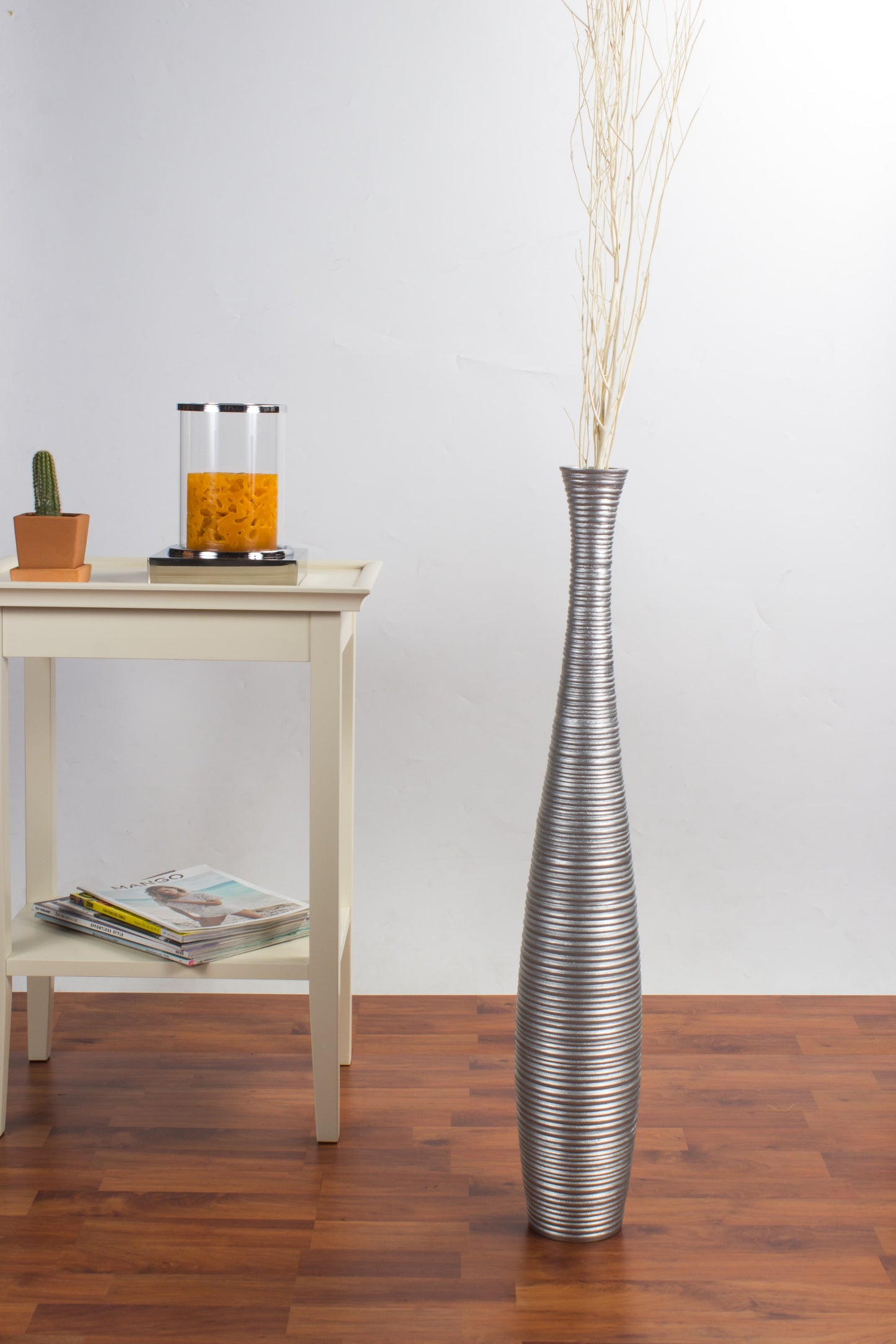 Large Mango Wood Floor Vase – Handcrafted Decorative Highlight from Thailand, silver, 26 inches