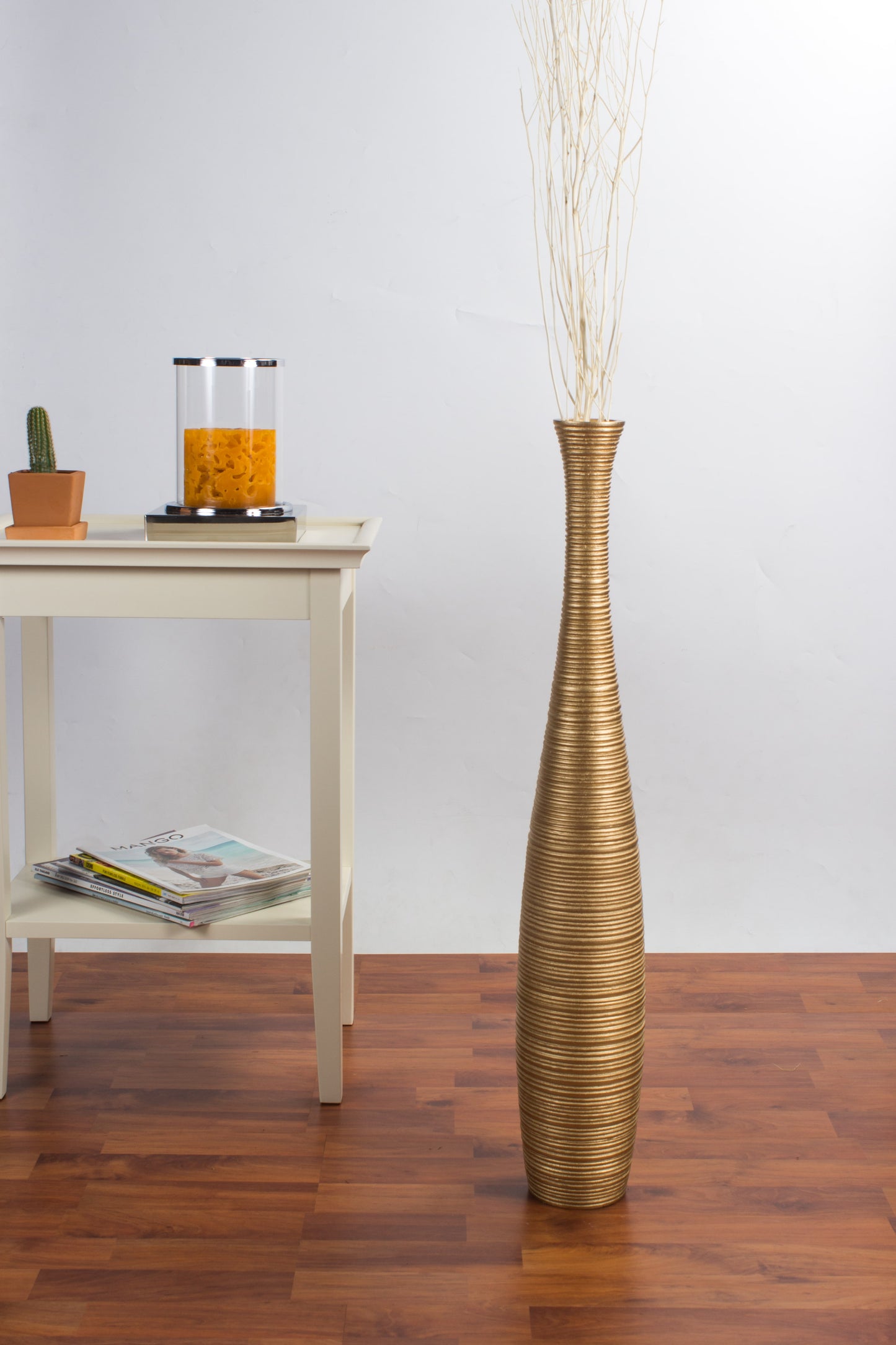 Large Mango Wood Floor Vase – Handcrafted Decorative Highlight from Thailand, gold, 26 inches