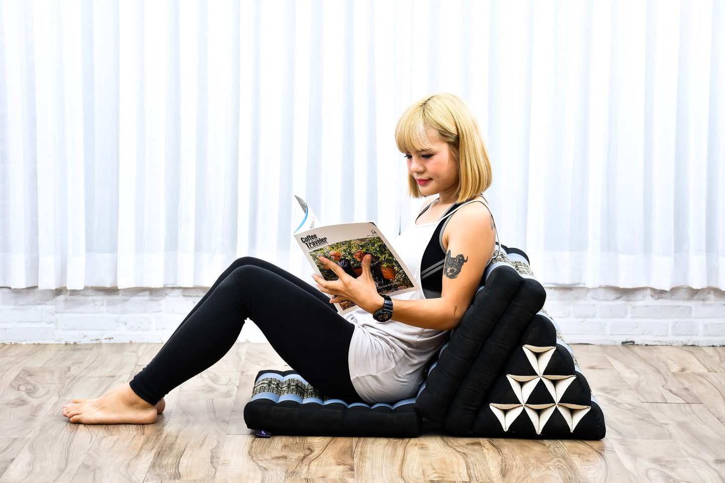 Extra Long Thai Folding Mat with Triangle Cushion – Handmade Kapok Relax Mat with Extended Surface, Sf15 - Blue, 3 seating segments