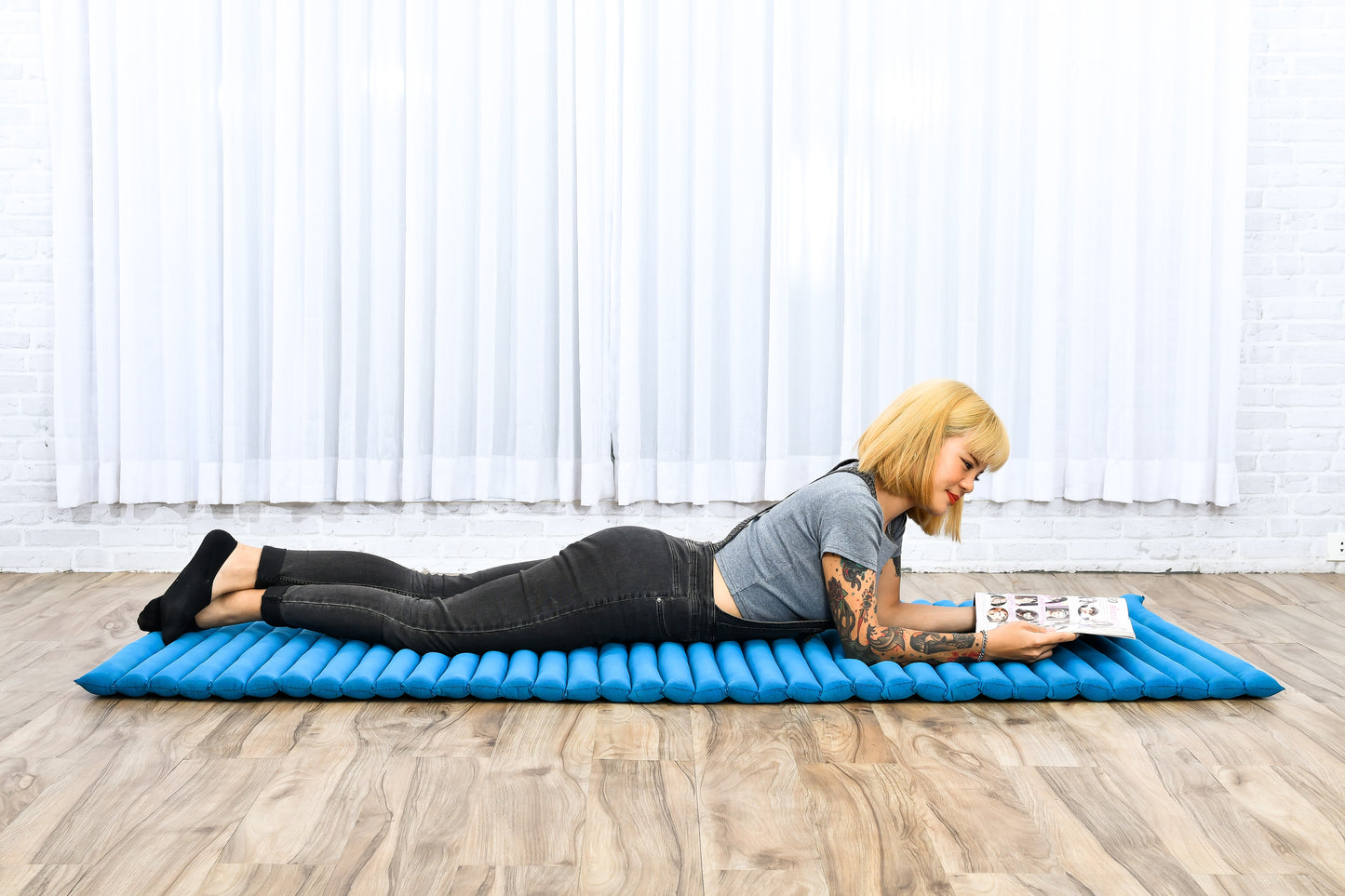 Kapok Roll-Up Mattress – Foldable Sleeping & Relax Mat with Cotton Cover for Home & Outdoor Use, Cl22 - Light Blue, M: 75x28