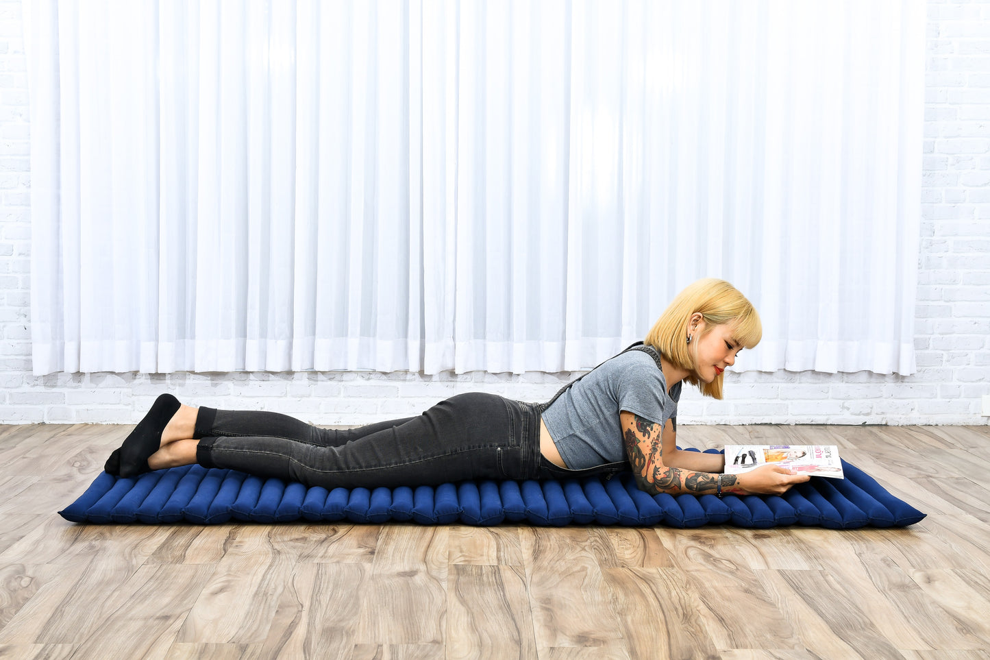 Kapok Roll-Up Mattress – Foldable Sleeping & Relax Mat with Cotton Cover for Home & Outdoor Use, Cl44 - blue, M: 75x28