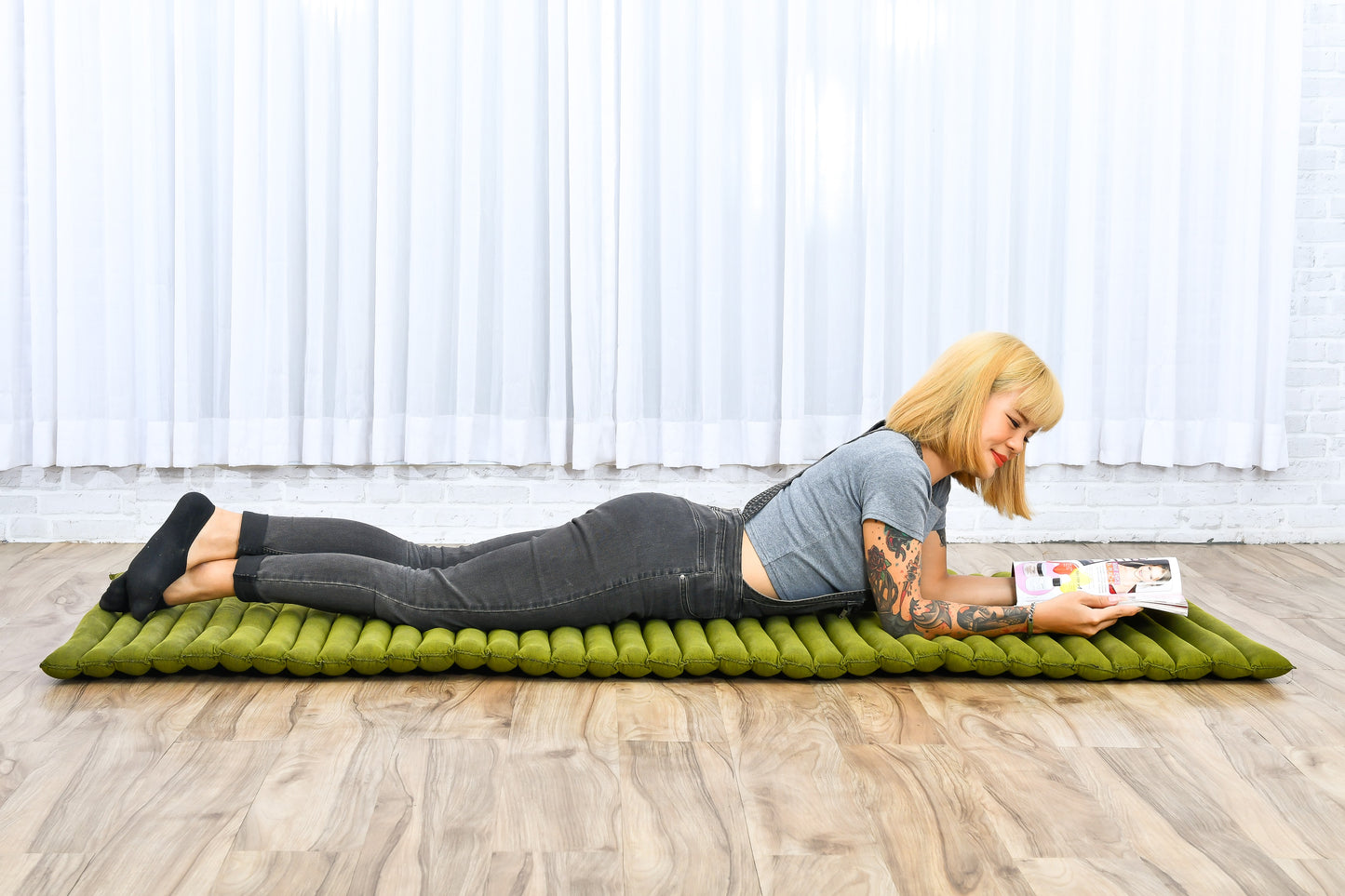 Kapok Roll-Up Mattress – Foldable Sleeping & Relax Mat with Cotton Cover for Home & Outdoor Use, Cl23 - Green, M: 75x28