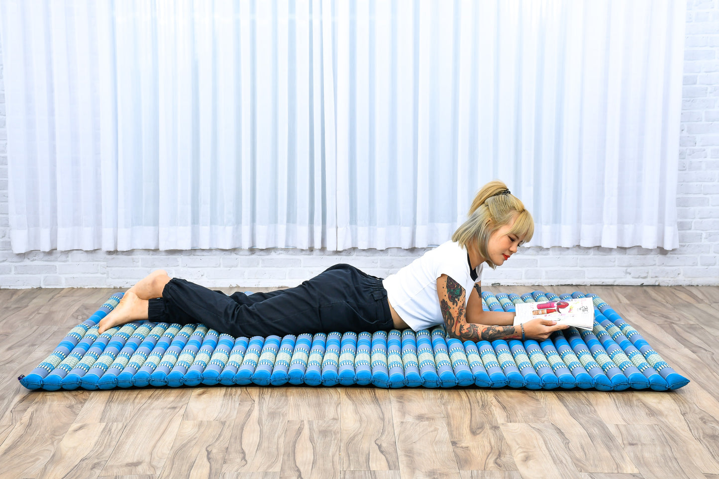 Kapok Roll-Up Mattress – Foldable Sleeping & Relax Mat with Cotton Cover for Home & Outdoor Use, Sf22 - Blue, XL: 75x57