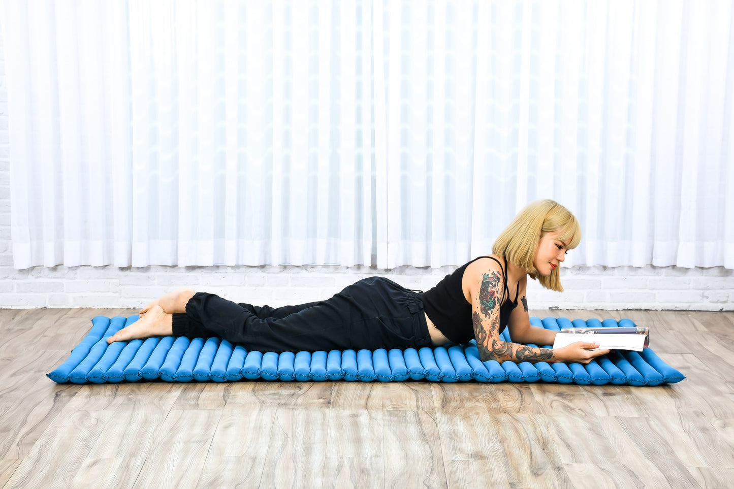 Kapok Roll-Up Mattress – Foldable Sleeping & Relax Mat with Cotton Cover for Home & Outdoor Use, Cl22 - Light Blue, L: 75x39