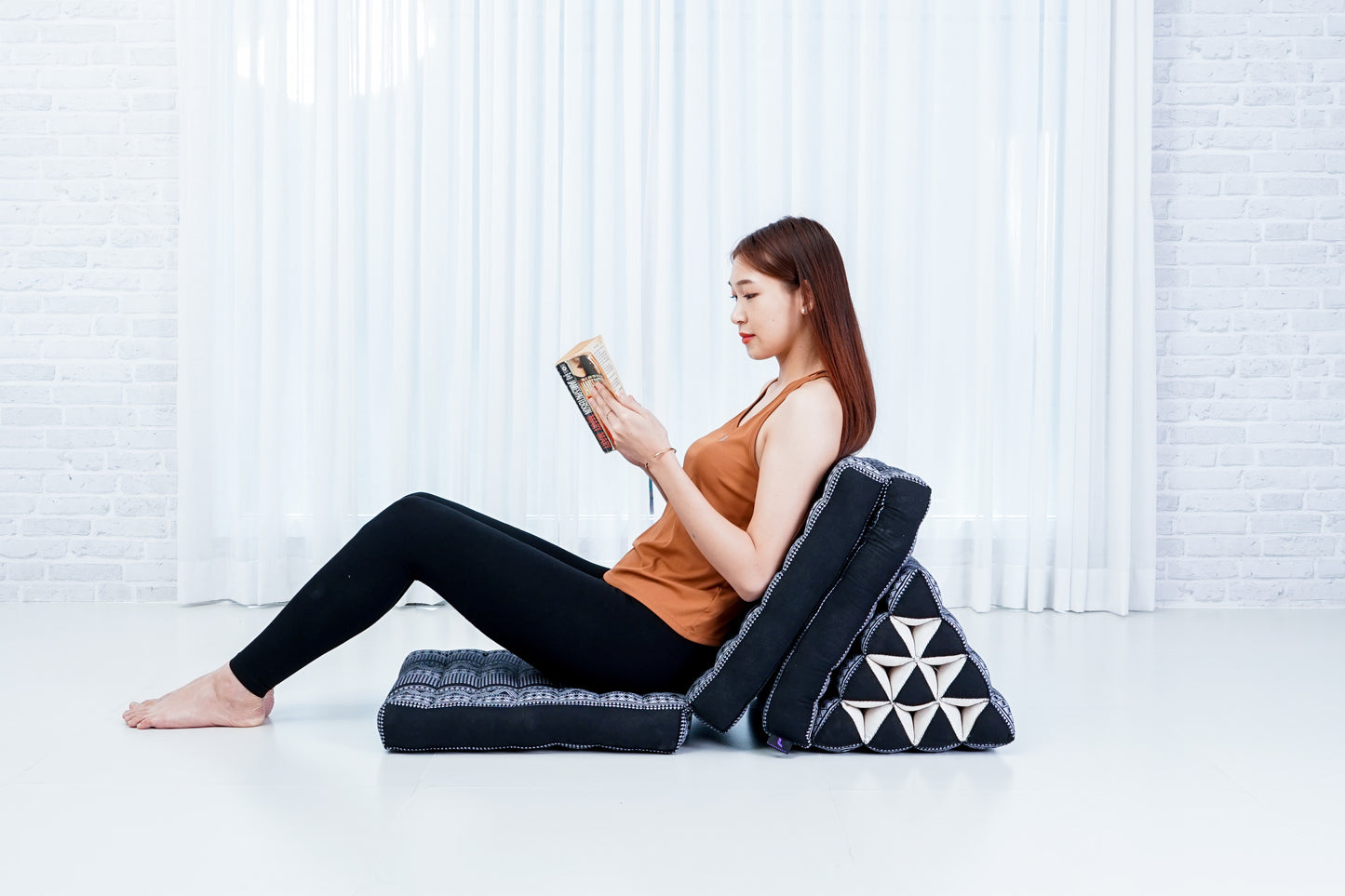 Extra Long Thai Folding Mat with Triangle Cushion – Handmade Kapok Relax Mat with Extended Surface, Cbt3 - Black, 3 seating segments