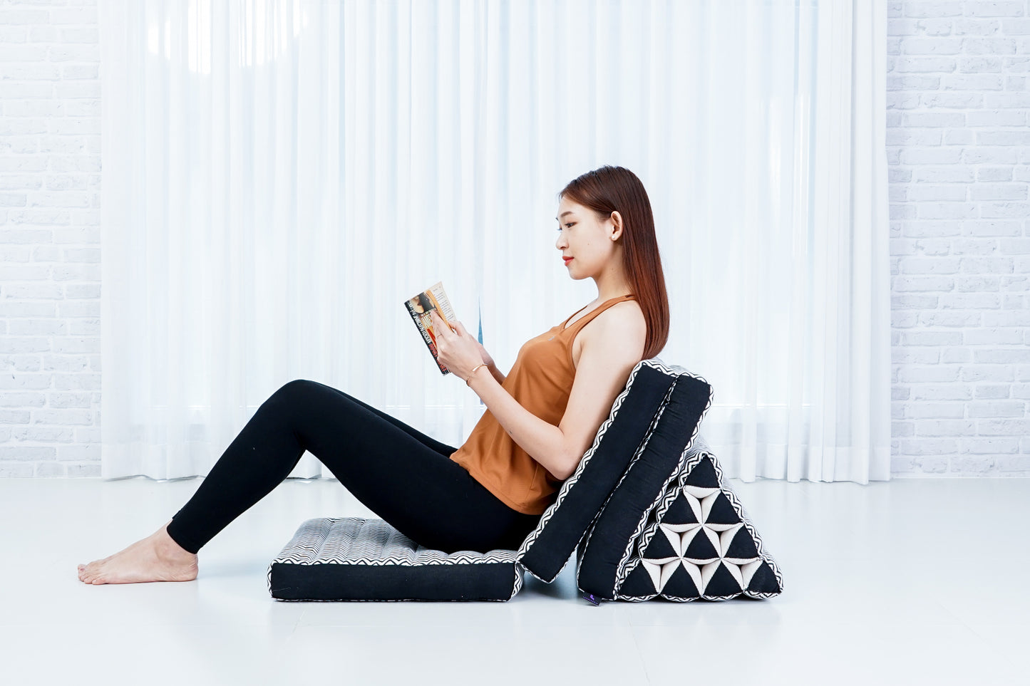 Extra Long Thai Folding Mat with Triangle Cushion – Handmade Kapok Relax Mat with Extended Surface, Cbt5 - Black, 3 seating segments
