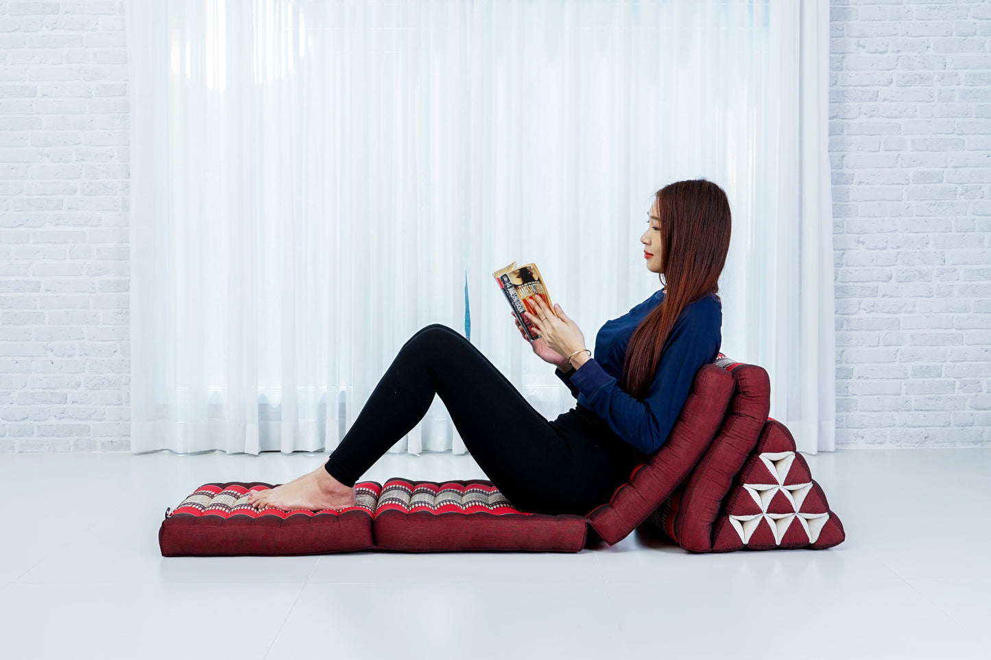 Extra Long Thai Folding Mat with Triangle Cushion – Handmade Kapok Relax Mat with Extended Surface, Sf24 - Red, Brown, 4 seating segments