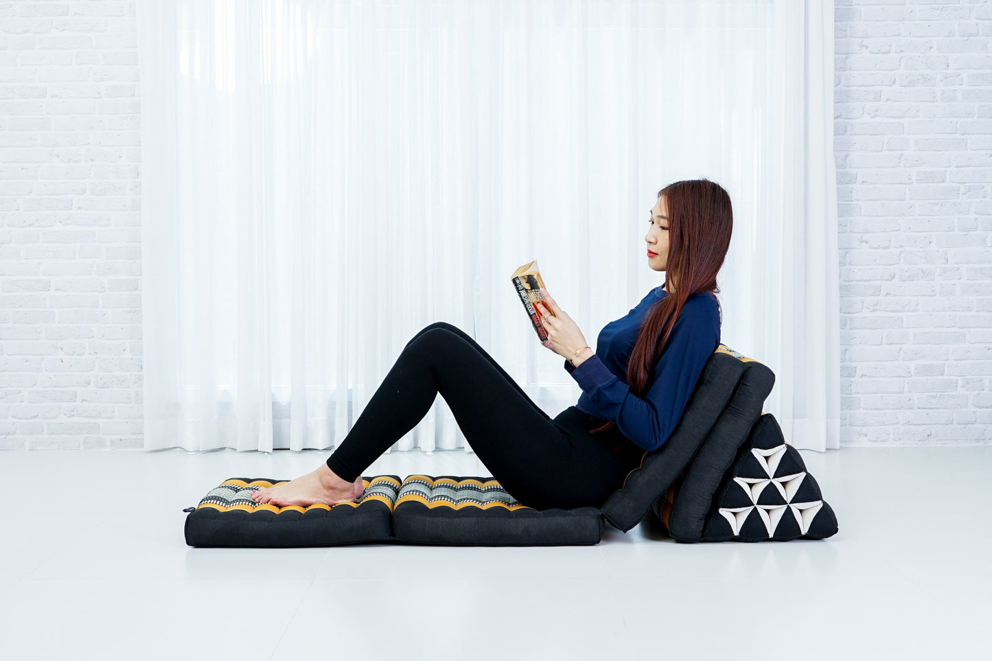 Extra Long Thai Folding Mat with Triangle Cushion – Handmade Kapok Relax Mat with Extended Surface, Sf03 - Black, Orange, 4 seating segments