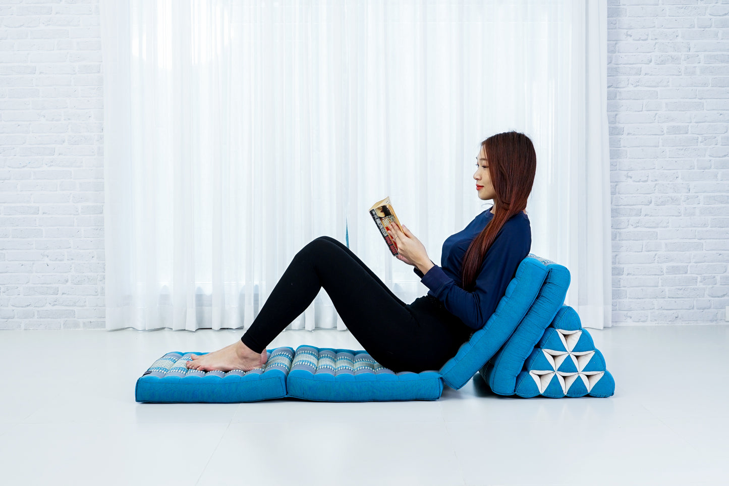 Extra Long Thai Folding Mat with Triangle Cushion – Handmade Kapok Relax Mat with Extended Surface, Sf22 - Blue, 4 seating segments