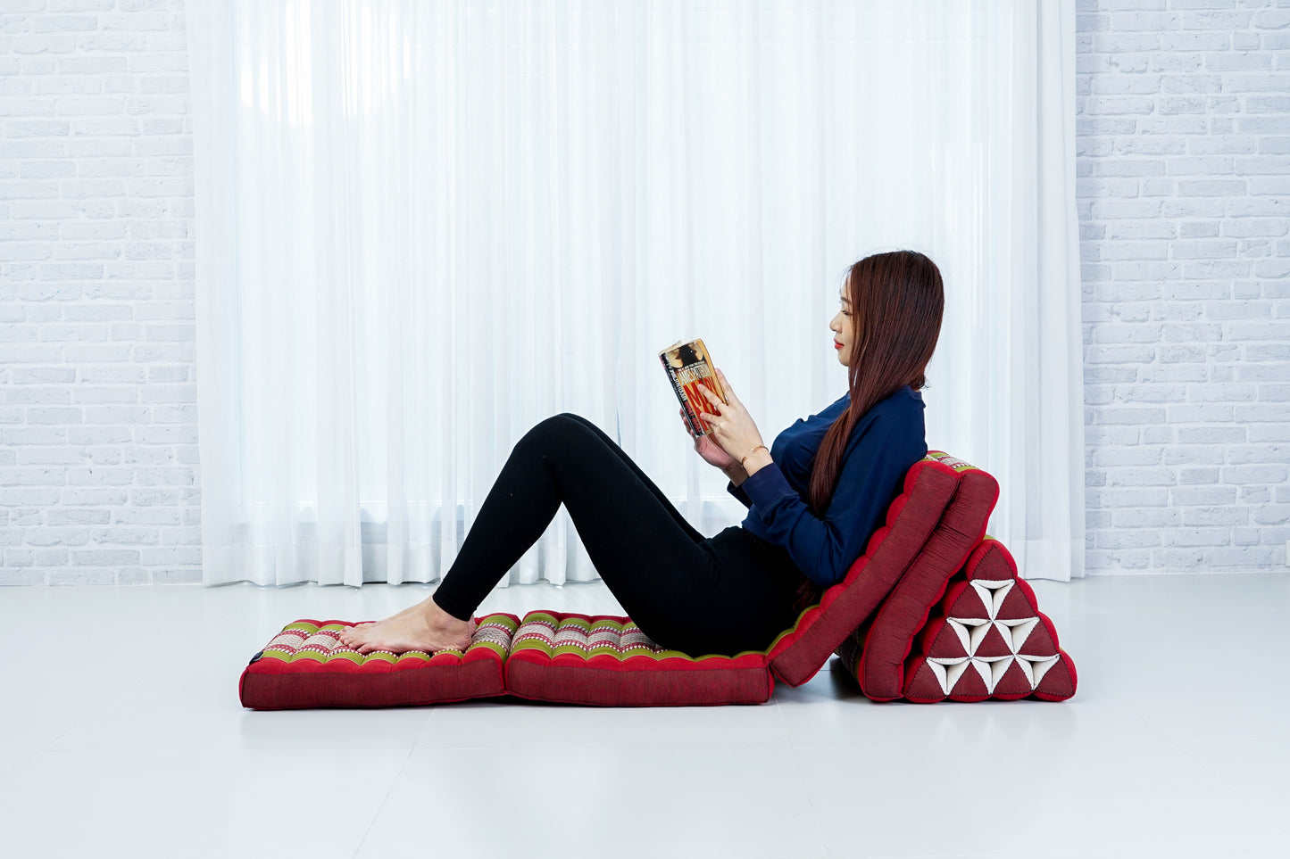 Extra Long Thai Folding Mat with Triangle Cushion – Handmade Kapok Relax Mat with Extended Surface, Sf11 - Red, Green, 4 seating segments