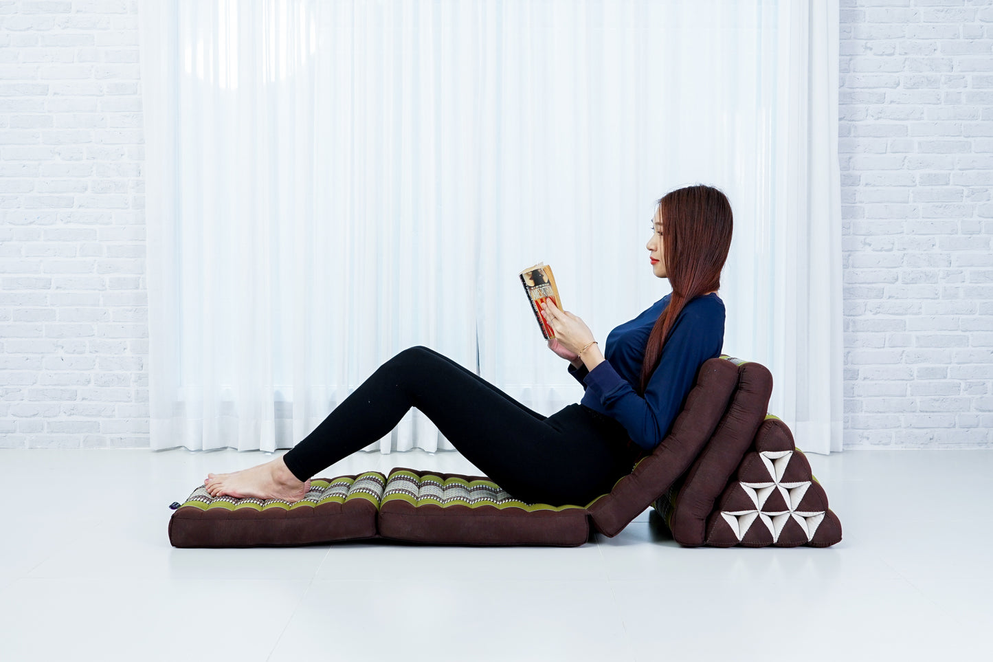 Extra Long Thai Folding Mat with Triangle Cushion – Handmade Kapok Relax Mat with Extended Surface, Sf20 - Brown, Green, 4 seating segments