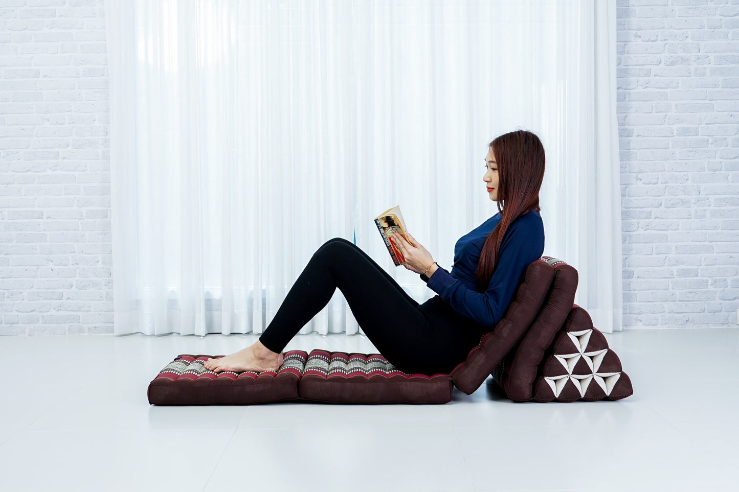 Extra Long Thai Folding Mat with Triangle Cushion – Handmade Kapok Relax Mat with Extended Surface, Sf19 - Red, Brown, 4 seating segments