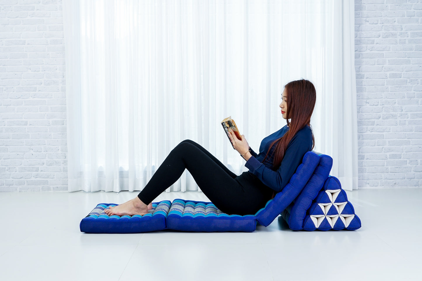 Extra Long Thai Folding Mat with Triangle Cushion – Handmade Kapok Relax Mat with Extended Surface, Sf28 - Blue, 4 seating segments