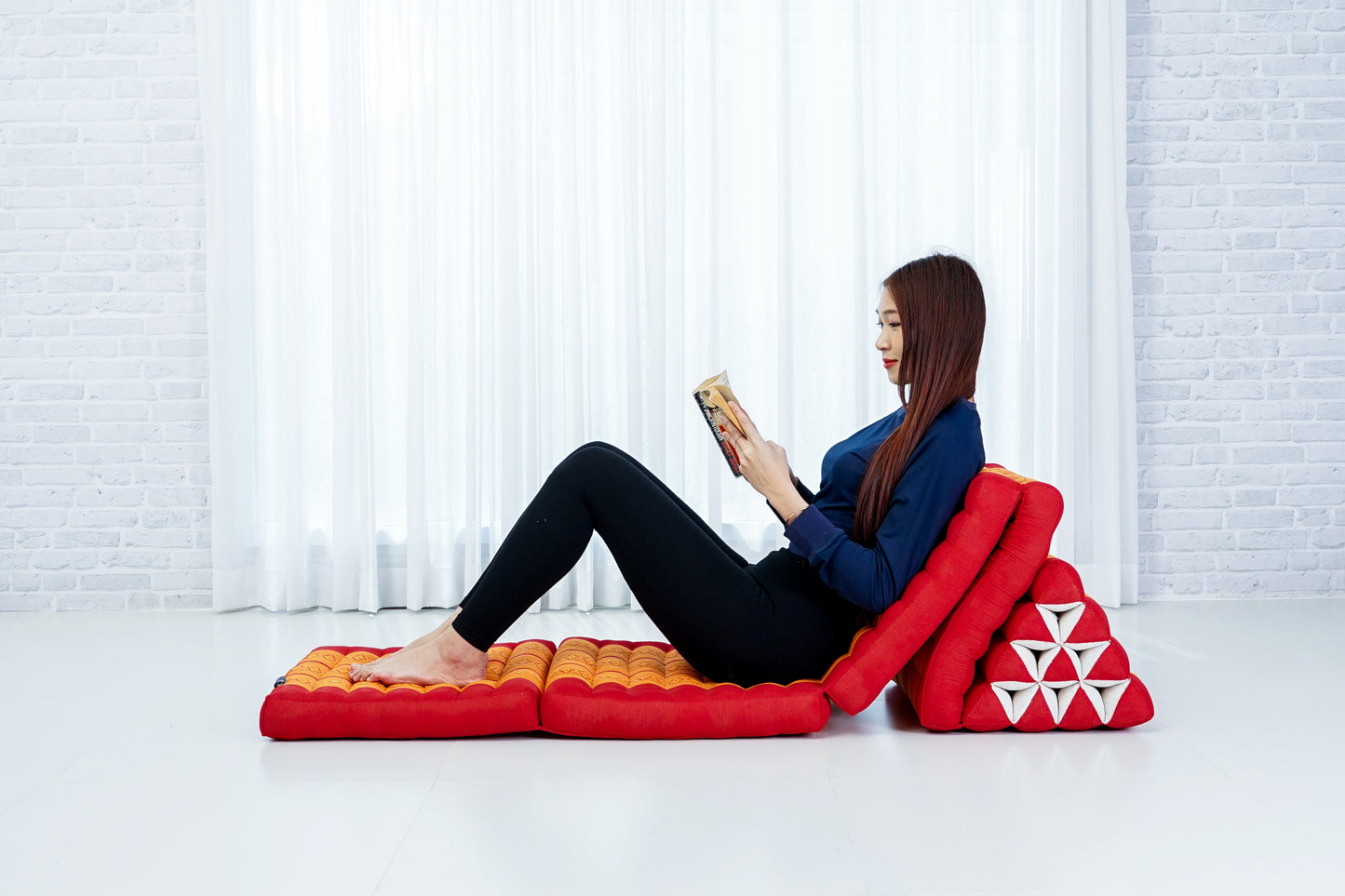 Extra Long Thai Folding Mat with Triangle Cushion – Handmade Kapok Relax Mat with Extended Surface, Sf02 - Orange, 4 seating segments