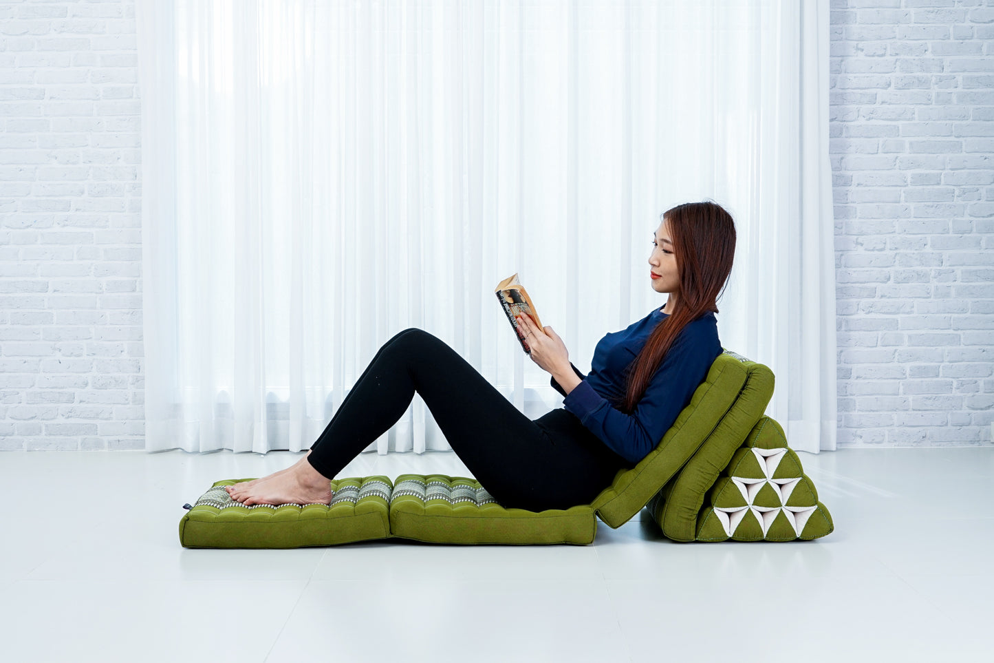 Extra Long Thai Folding Mat with Triangle Cushion – Handmade Kapok Relax Mat with Extended Surface, Sf17 - Green, 4 seating segments