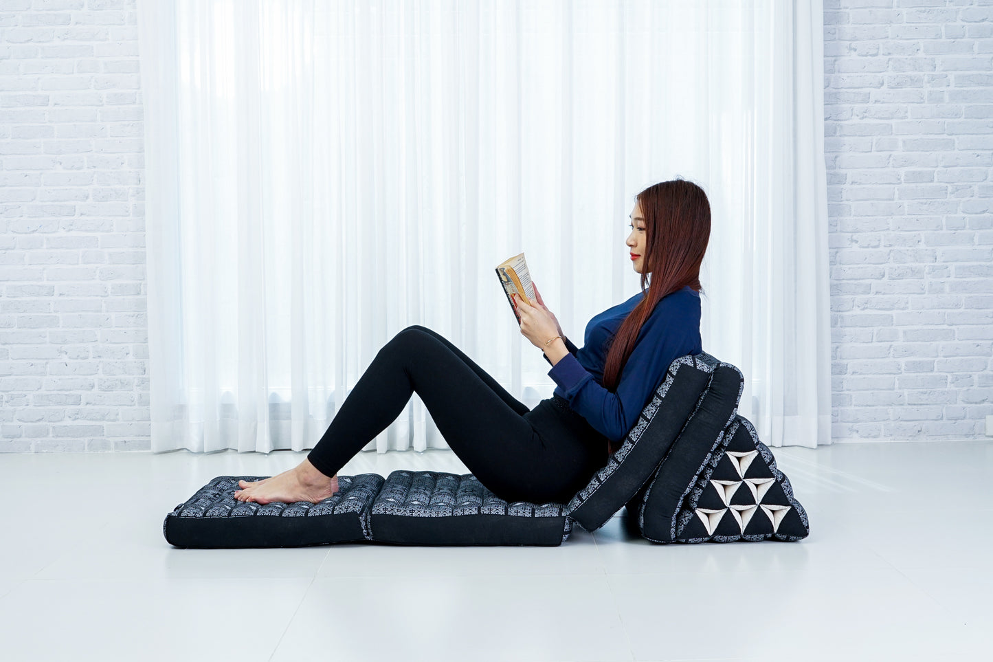 Extra Long Thai Folding Mat with Triangle Cushion – Handmade Kapok Relax Mat with Extended Surface, Cbt4 - Black, 4 seating segments