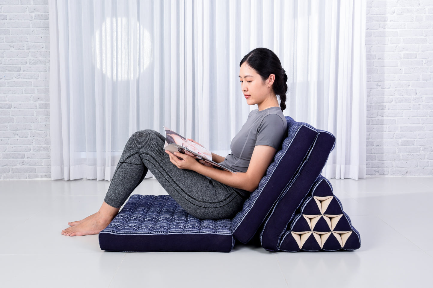 Extra Long Thai Folding Mat with Triangle Cushion – Handmade Kapok Relax Mat with Extended Surface, Cbt2 - Dark Blue, 3 seating segments XL