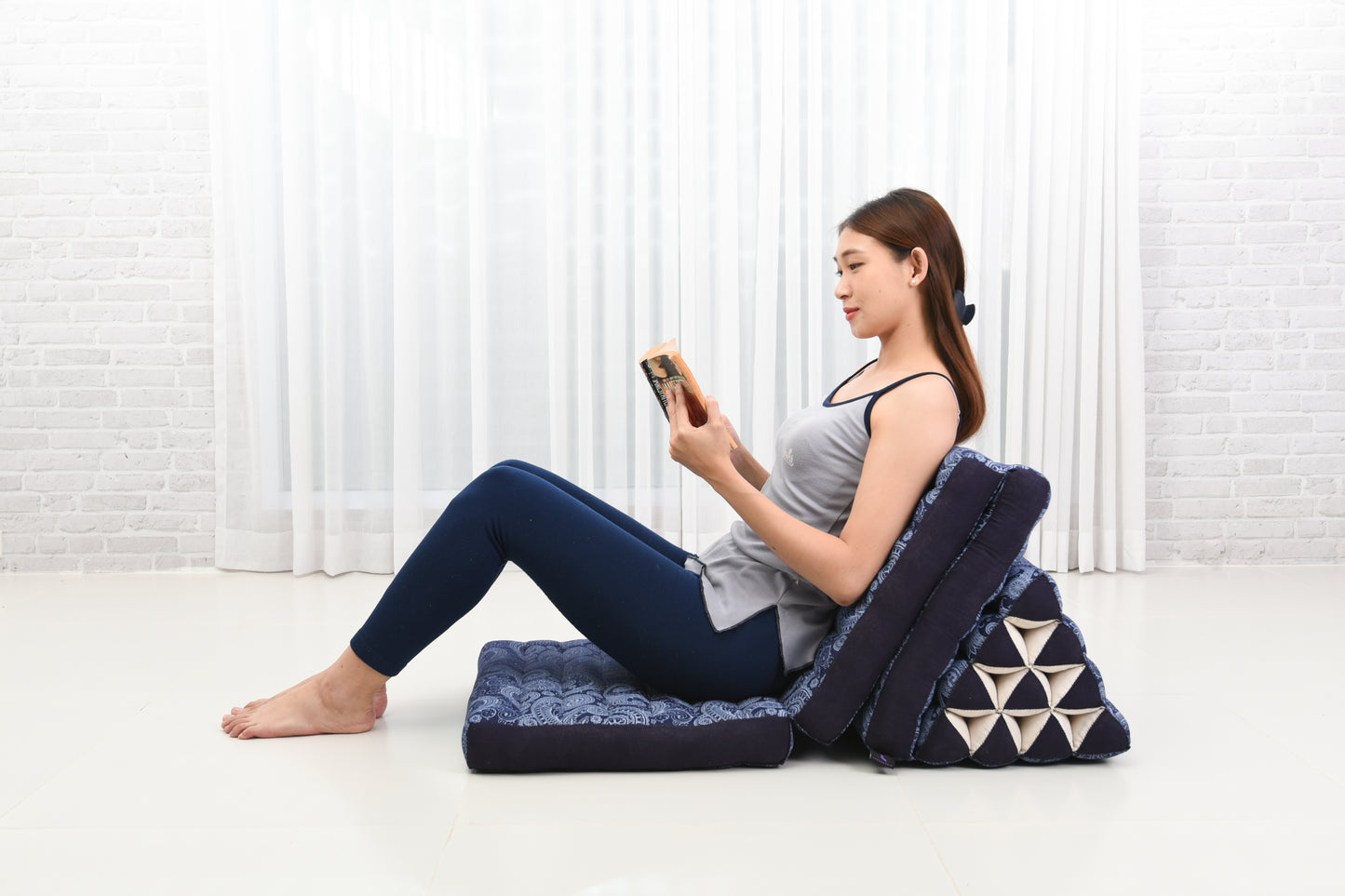 Extra Long Thai Folding Mat with Triangle Cushion – Handmade Kapok Relax Mat with Extended Surface, Cbt1 - Blue, 3 seating segments