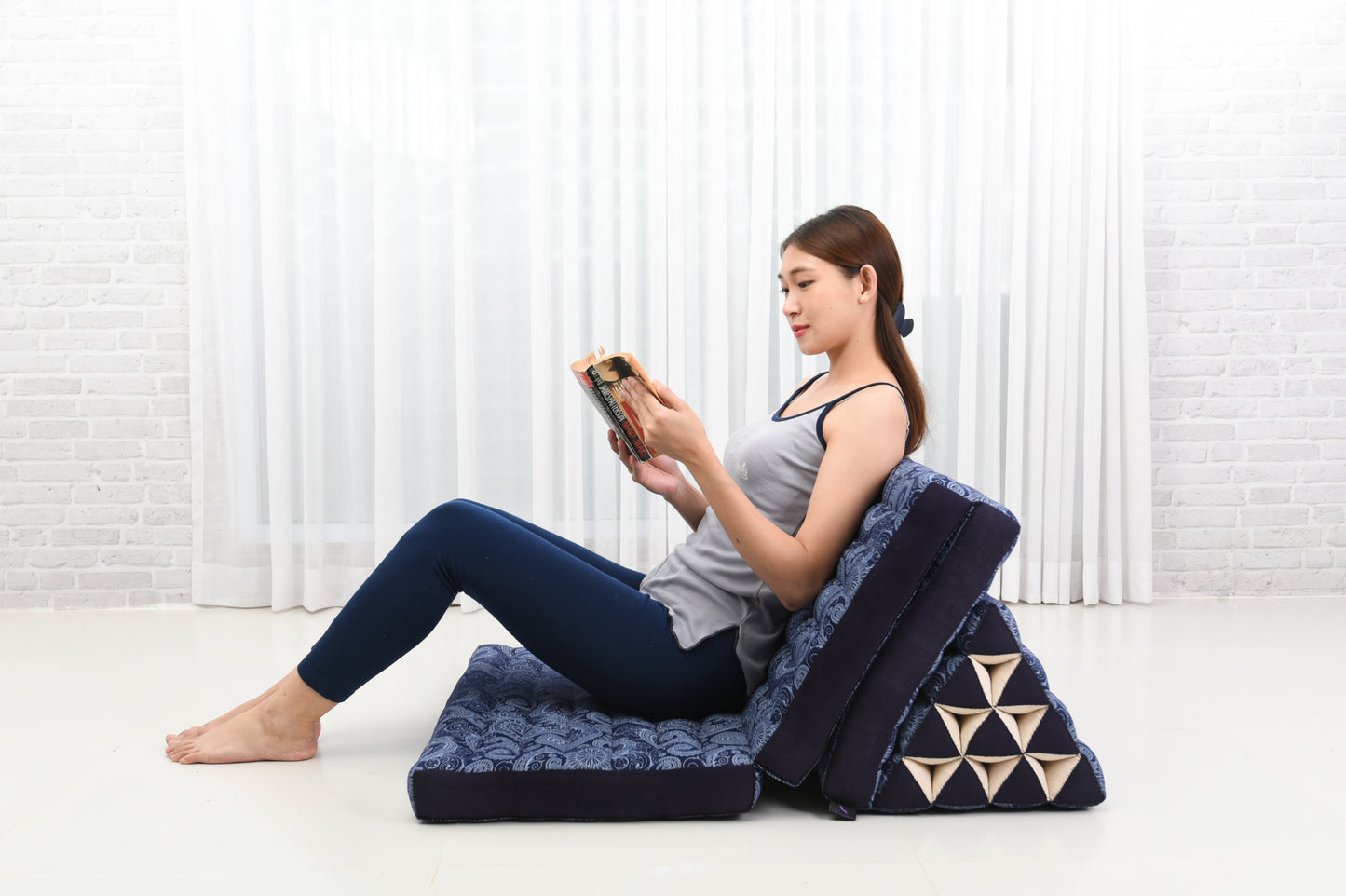 Extra Long Thai Folding Mat with Triangle Cushion – Handmade Kapok Relax Mat with Extended Surface, Cbt1 - Blue, 3 seating segments XL