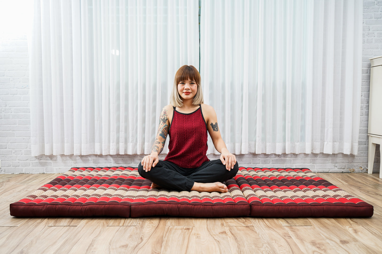 Kapok Folding Mattress – Thick Cotton Padded Guest Bed for Home, Sleeping & Mindfulness Corner, Sf24 - Red, Brown, L: 79x39