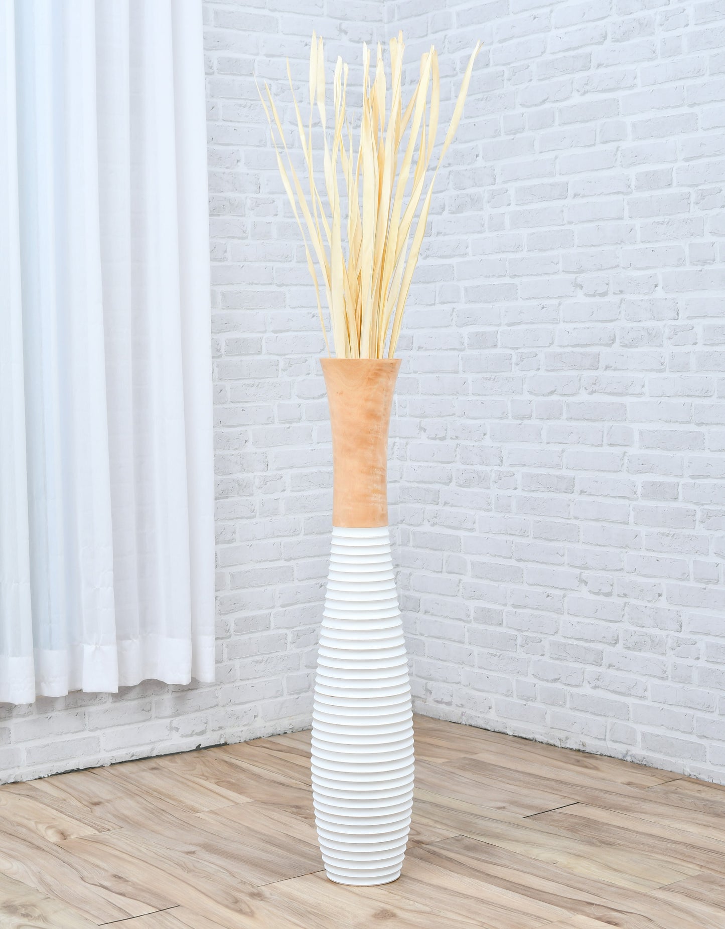 Large Mango Wood Floor Vase – Handcrafted Decorative Highlight from Thailand, white, ecru, 34 inches
