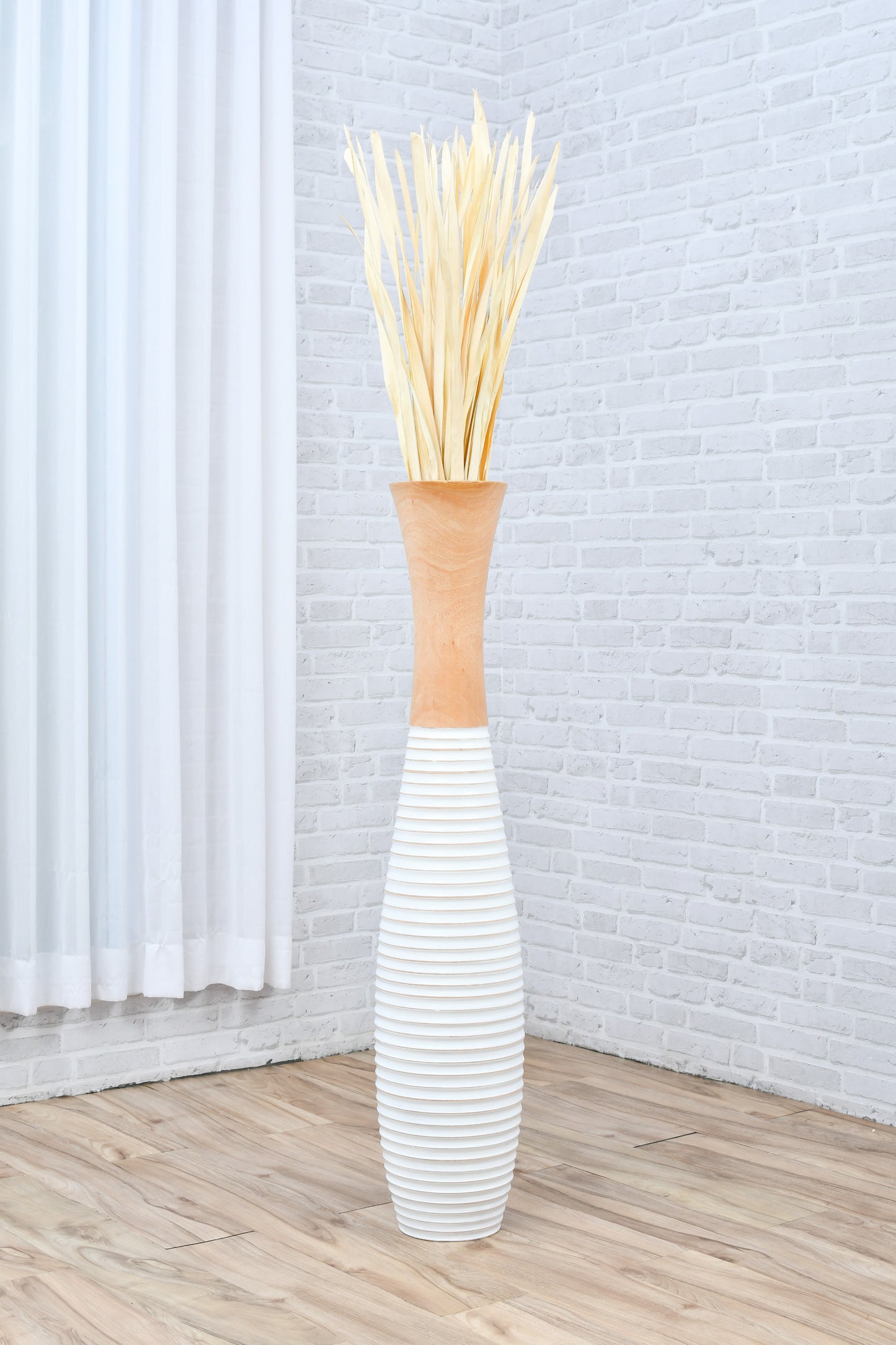 Large Mango Wood Floor Vase – Handcrafted Decorative Highlight from Thailand, white, ecru, 41 inches