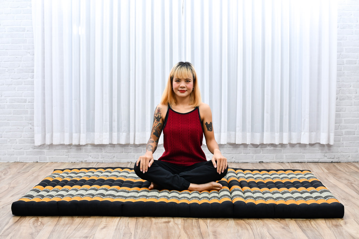 Kapok Folding Mattress – Thick Cotton Padded Guest Bed for Home, Sleeping & Mindfulness Corner, Sf03 - Black, Orange, L: 79x39