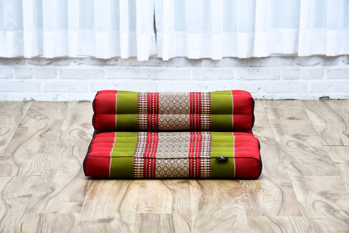 Foldable Meditation Cushion – Compact Kapok Seat with Foot Pad and Cotton Cover in Solid Colors or Thai Pattern, Sf11 - Red, Green