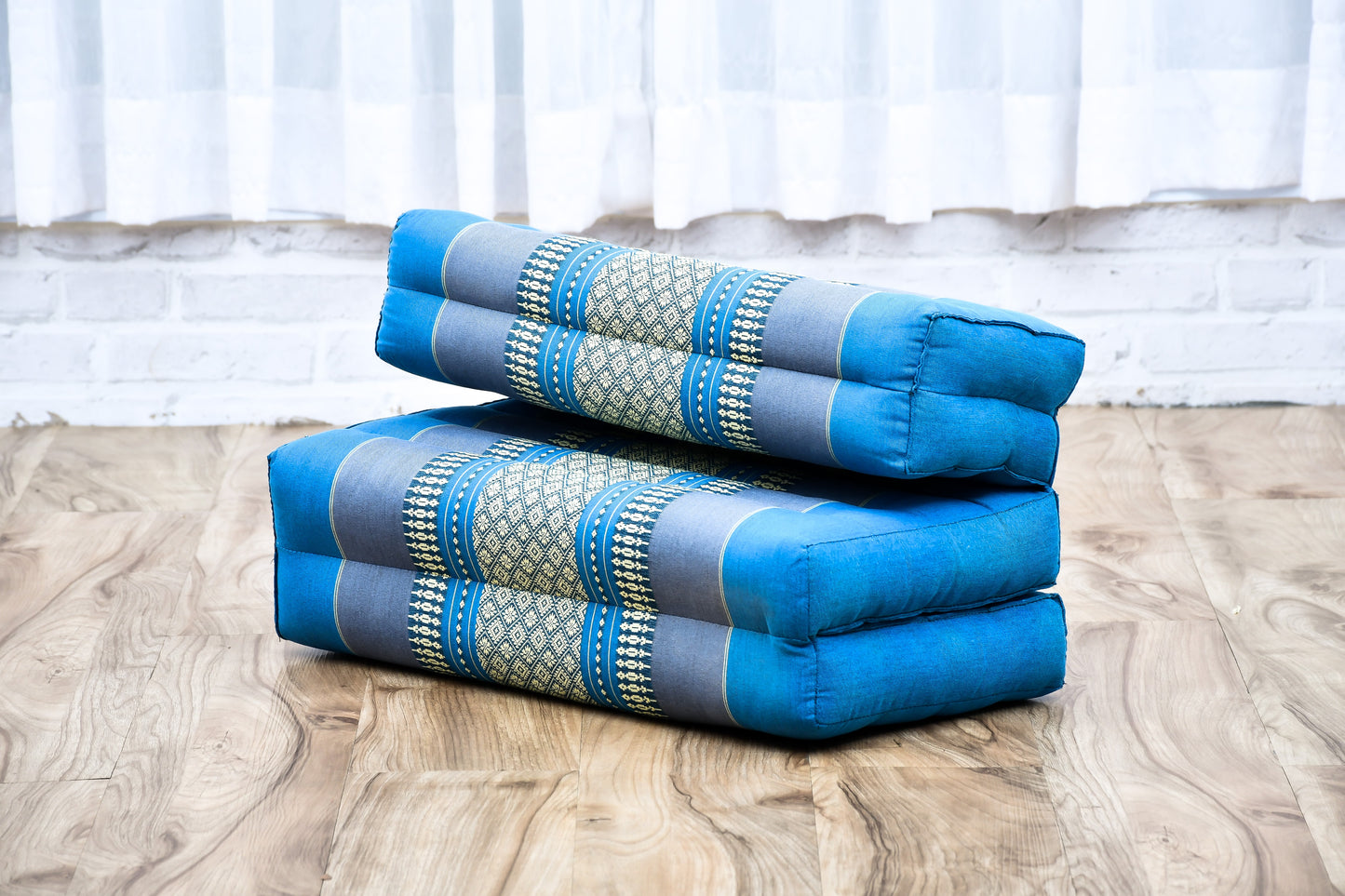 Foldable Meditation Cushion – Compact Kapok Seat with Foot Pad and Cotton Cover in Solid Colors or Thai Pattern, Sf22 - Blue